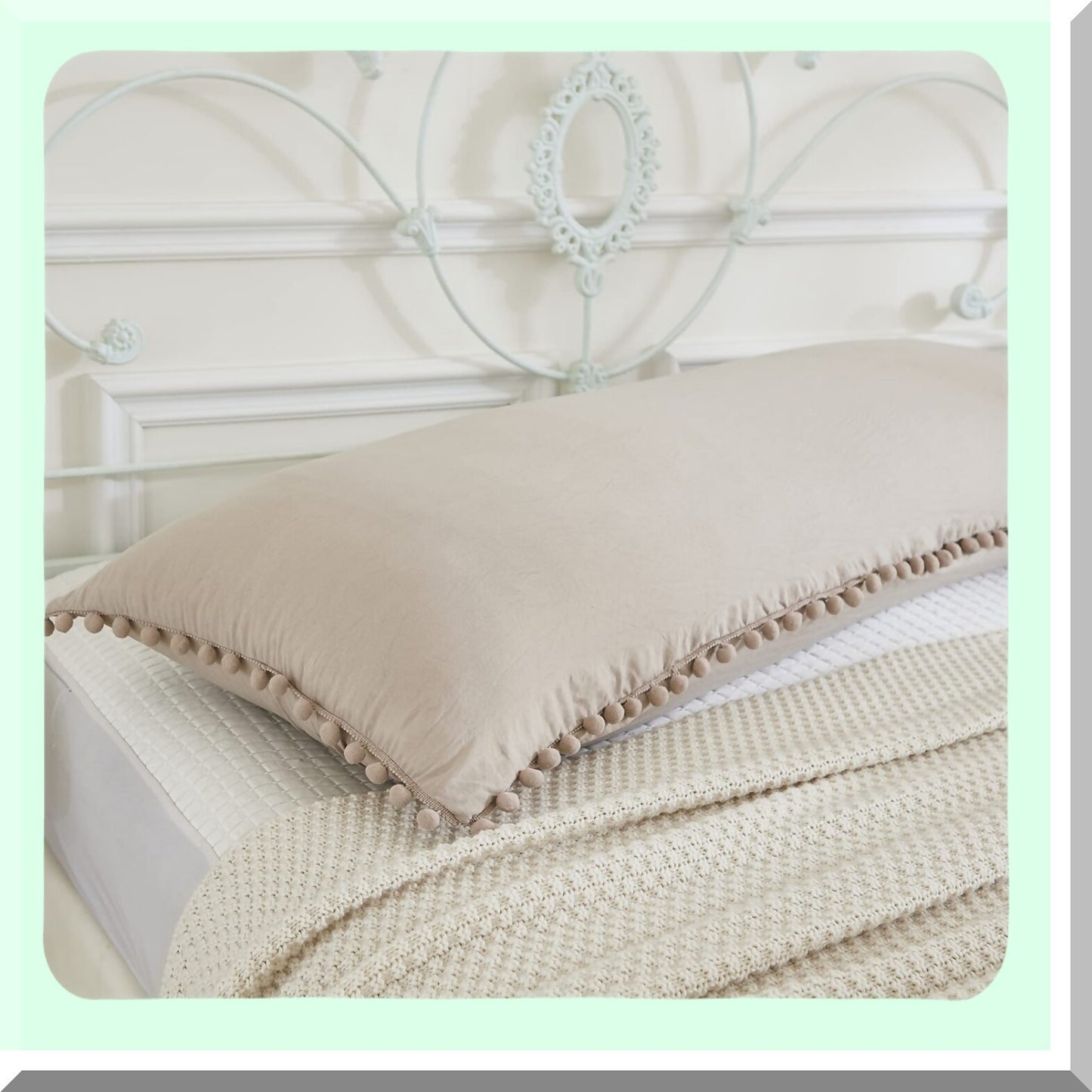 Boho Chic Fringe Pom Poms Taupe Body Pillow Cover 20x54 Light Khaki Case with Pocket Closure - Soft and Stylish Home Decor Accessory