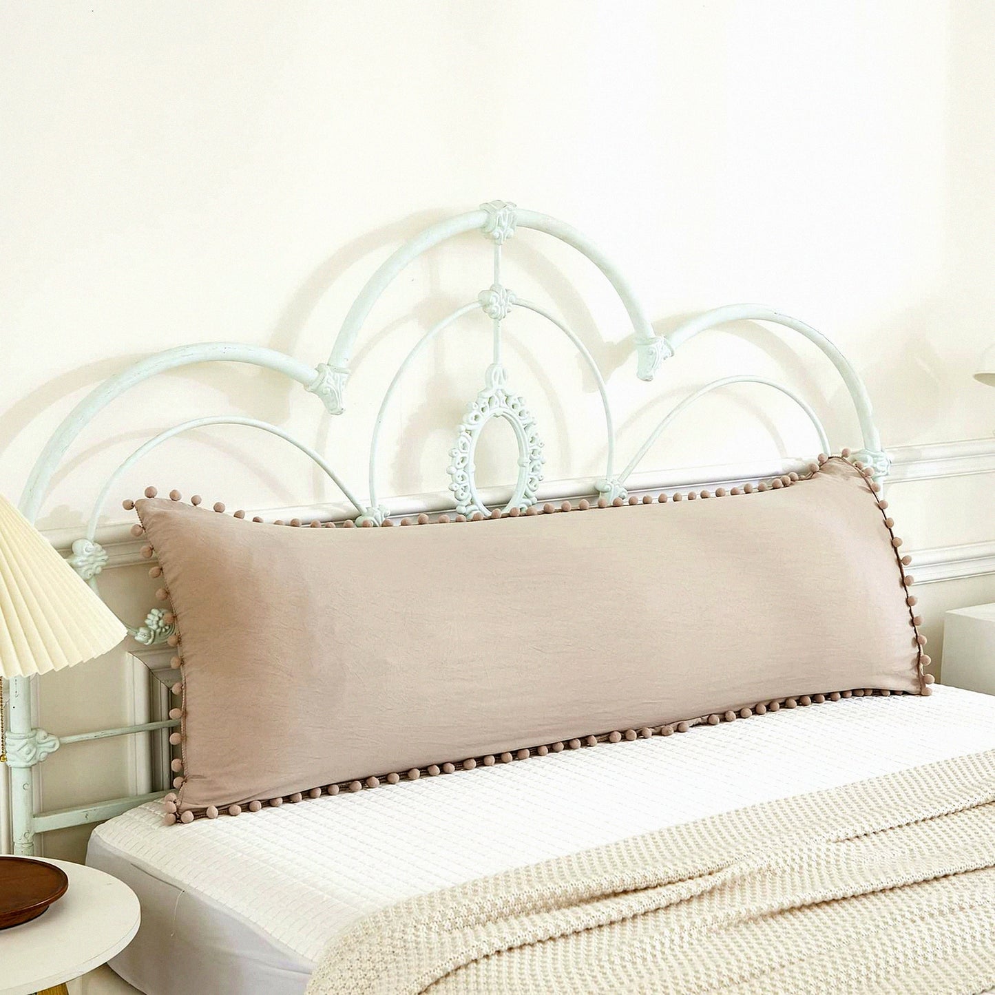 Boho Chic Fringe Pom Poms Taupe Body Pillow Cover 20x54 Light Khaki Case with Pocket Closure - Soft and Stylish Home Decor Accessory