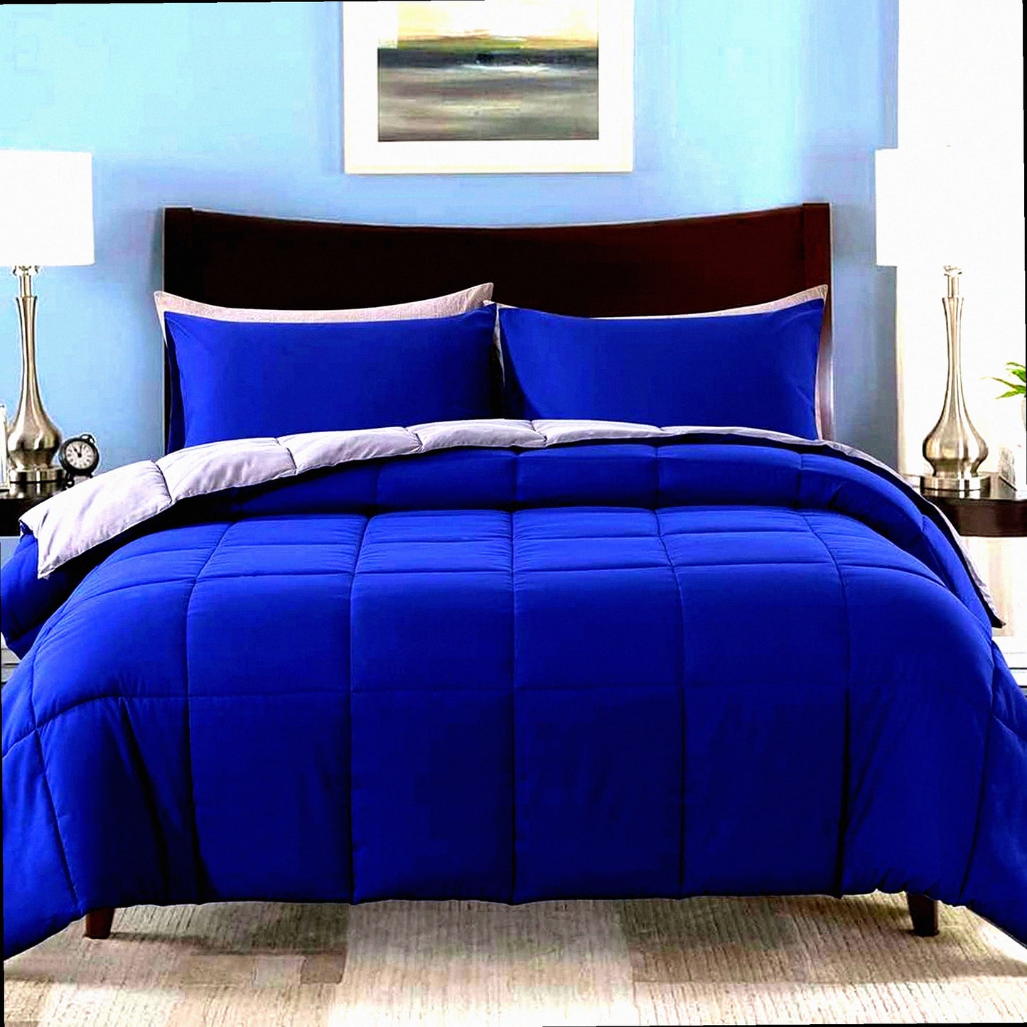 UltraSoft Down Alternative Comforter Set - Full Size 3 Piece Quilted Bedding Bundle with 2 Pillow Shams - Lightweight All Season Duvet Insert in Blue/Grey Color Palette