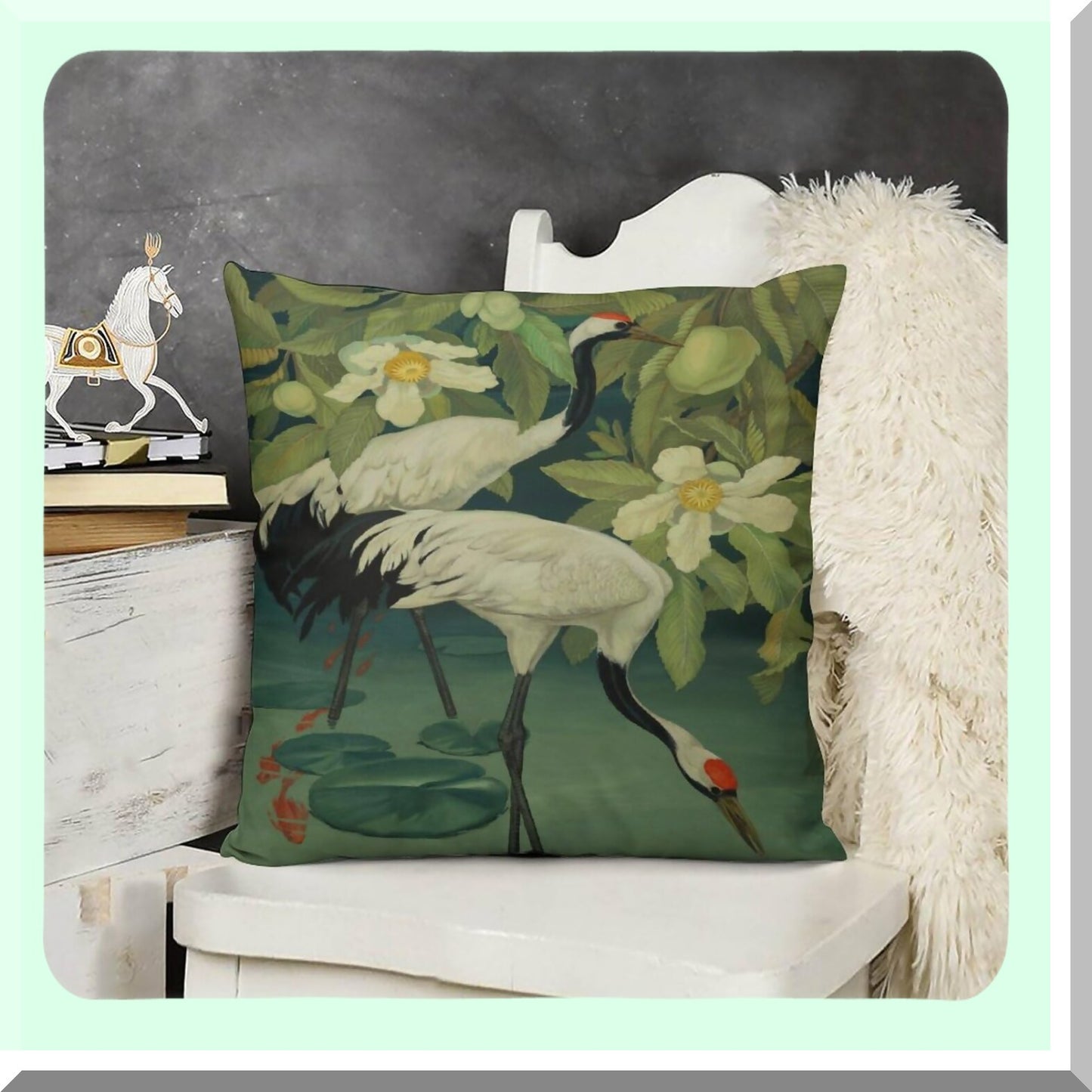 Cranes Velvet Throw Pillow - 18x18 Inch Double Sided Zipper Cushion Cover for Couch Sofa Bed Outdoor - Soft Decor Case