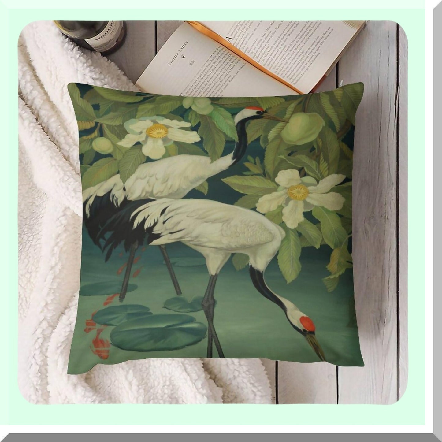 Cranes Velvet Throw Pillow - 18x18 Inch Double Sided Zipper Cushion Cover for Couch Sofa Bed Outdoor - Soft Decor Case