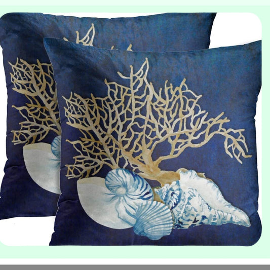 Seashore Indigo Ocean Coral Throw Pillow Covers - Set of 2 | Beach House Gray Coastal Decorative Pillow Cases | Home Decor Square 18 x 18 Inch Pillowcase
