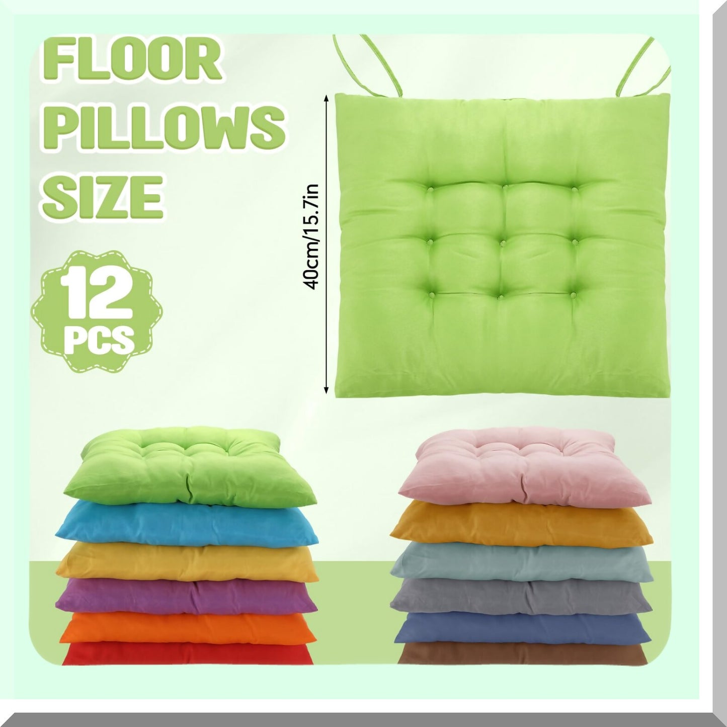 Colorful Tufted Meditation Cushions - Set of 12 Large Square Floor Pillows for Adults & Kids. Thick, Flexible Seating Mats for Yoga, Living Room, Classroom.