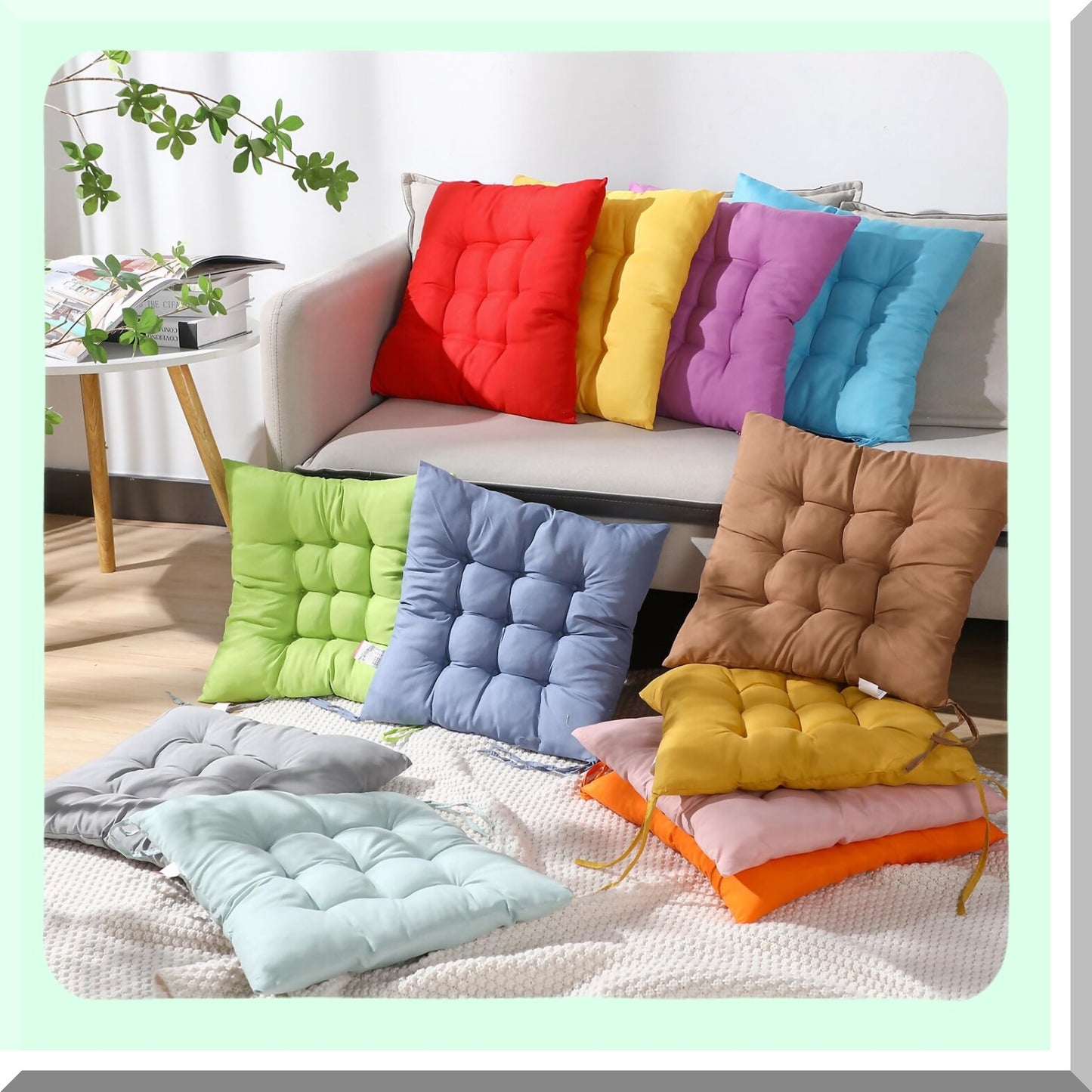 Colorful Tufted Meditation Cushions - Set of 12 Large Square Floor Pillows for Adults & Kids. Thick, Flexible Seating Mats for Yoga, Living Room, Classroom.