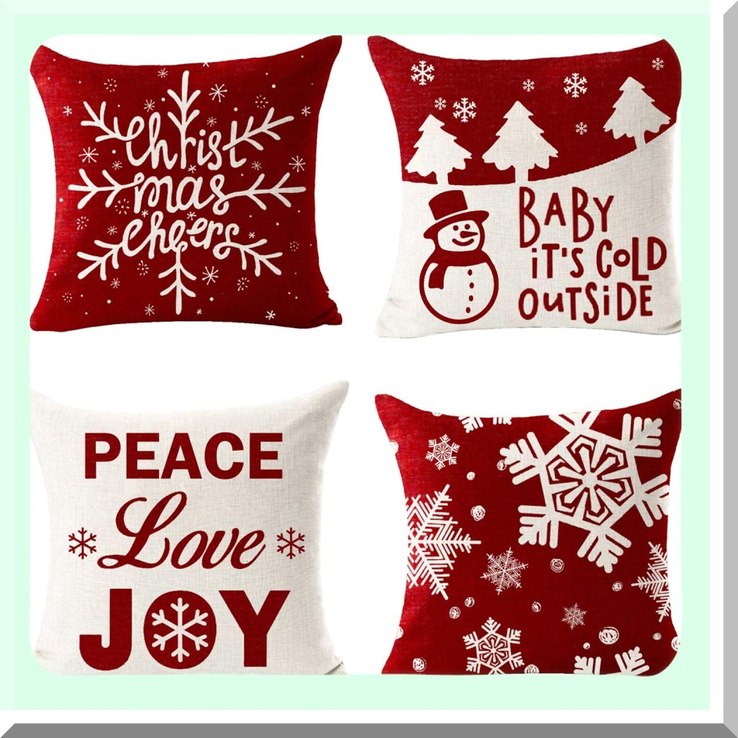 Winter Wonderland Snowflake Pillowcase Set - Festive Red Snowman & Pine Tree Design for Cozy Home Decor - Pack of 4 Cotton Linen Throw Pillow Covers 18"x 18"