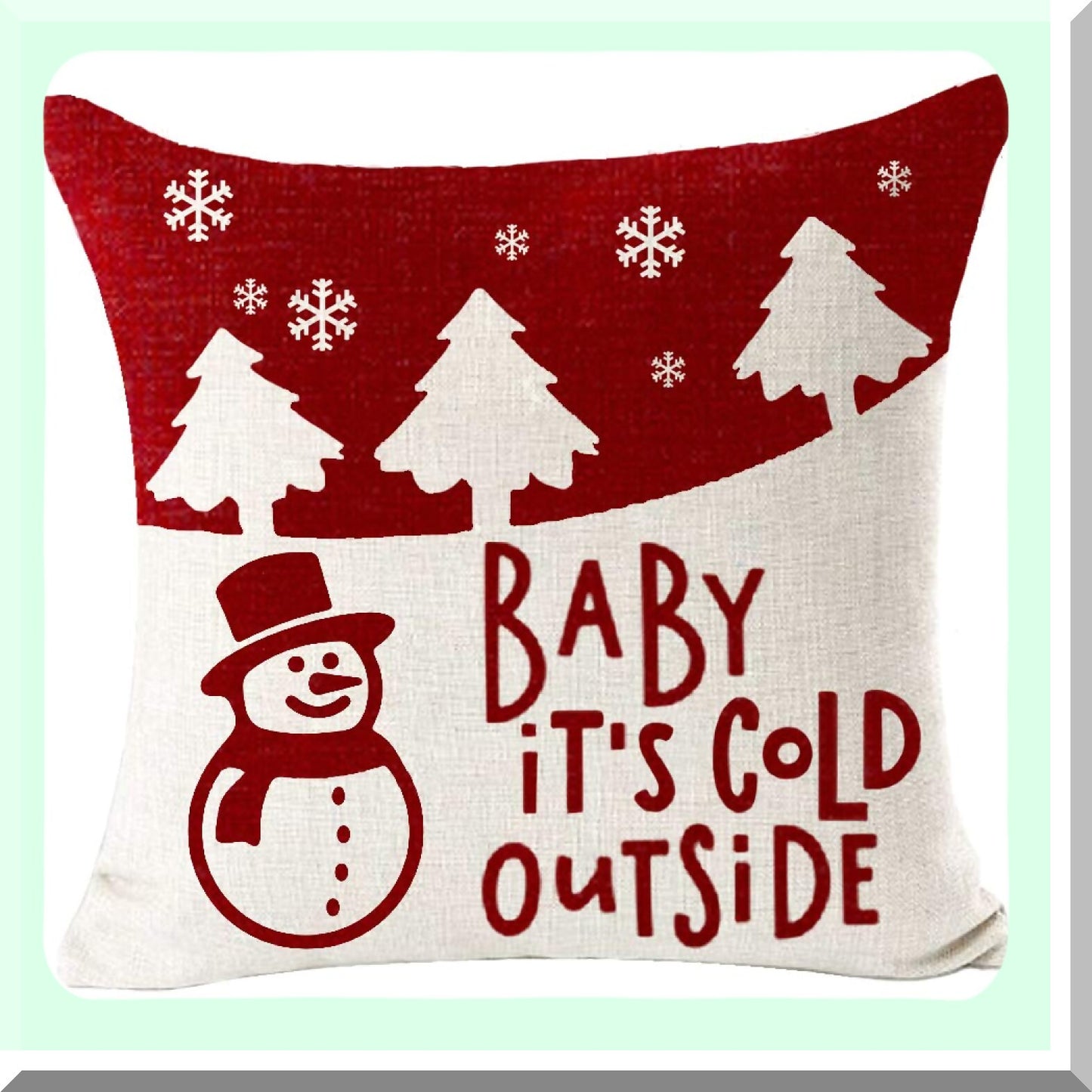 Winter Wonderland Snowflake Pillowcase Set - Festive Red Snowman & Pine Tree Design for Cozy Home Decor - Pack of 4 Cotton Linen Throw Pillow Covers 18"x 18"