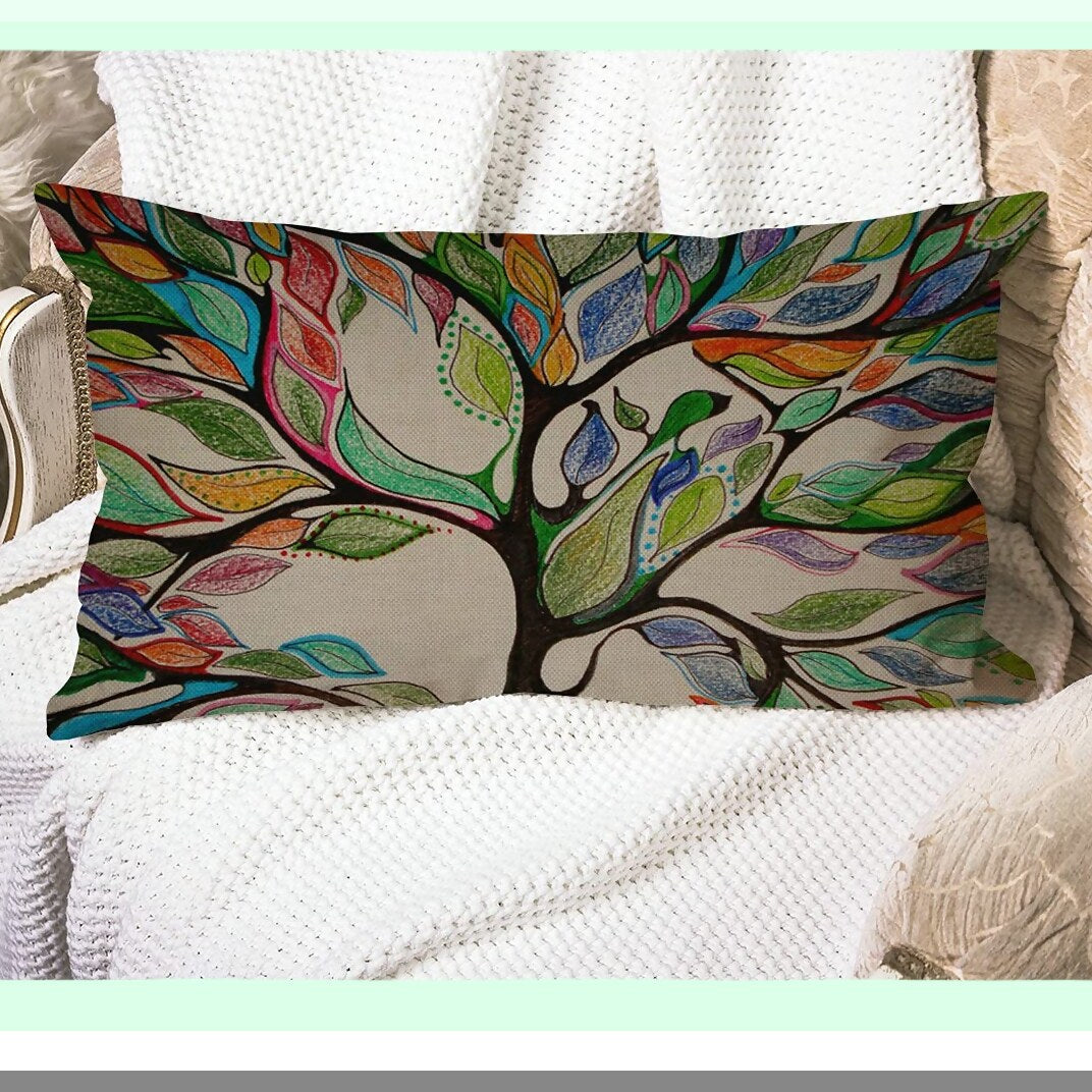 Colorful Tree Farmhouse Lumbar Pillow Cover - Cotton Linen Throw Cushion for Sofa Home Decor - Oblong 12x20 Inches - Colorful Life Theme