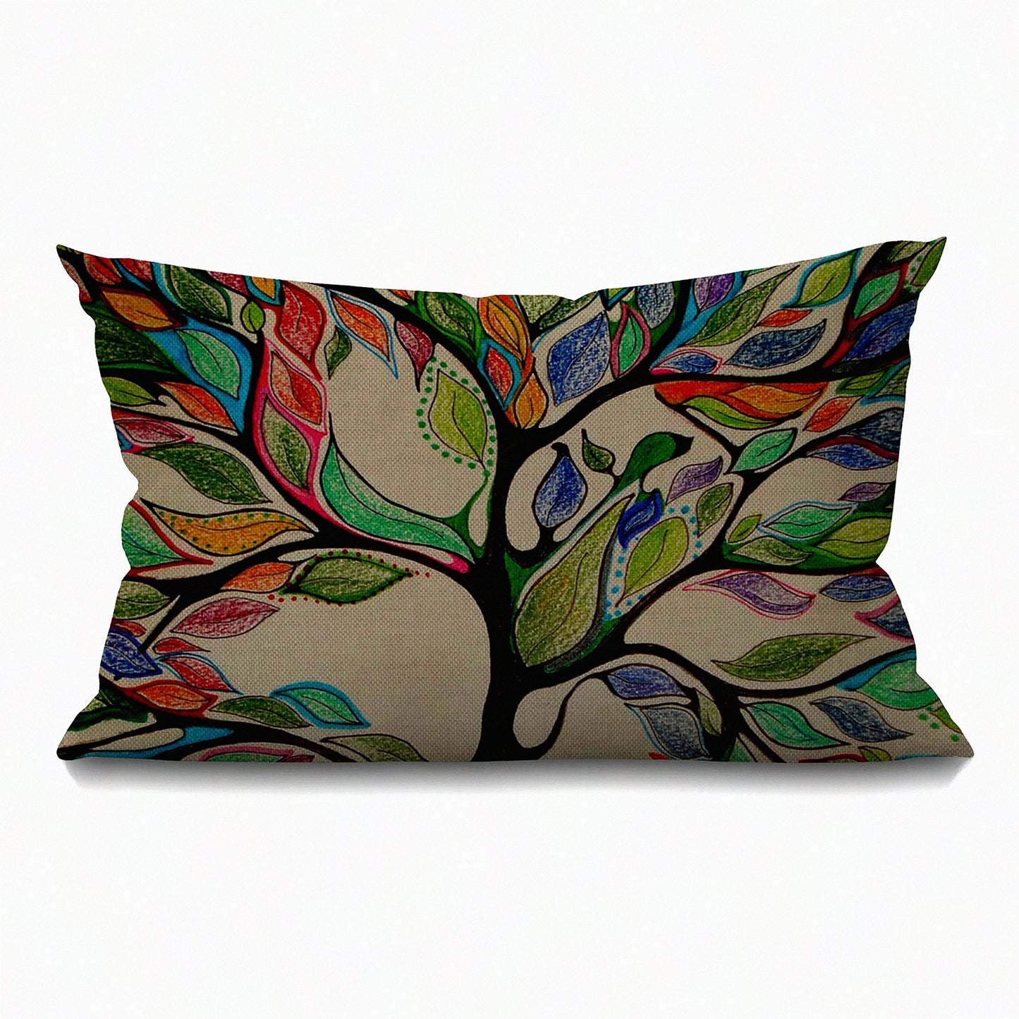 Colorful Tree Farmhouse Lumbar Pillow Cover - Cotton Linen Throw Cushion for Sofa Home Decor - Oblong 12x20 Inches - Colorful Life Theme