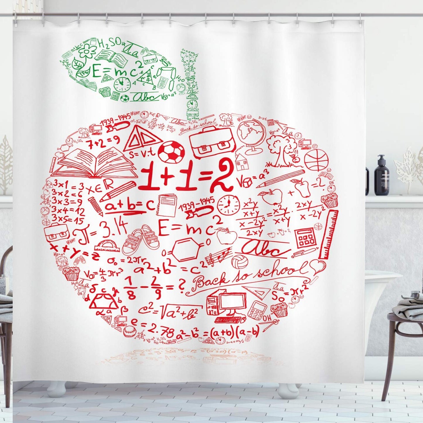 Science Shower Curtain with Hooks, 69" x 70", Red Forest Green
