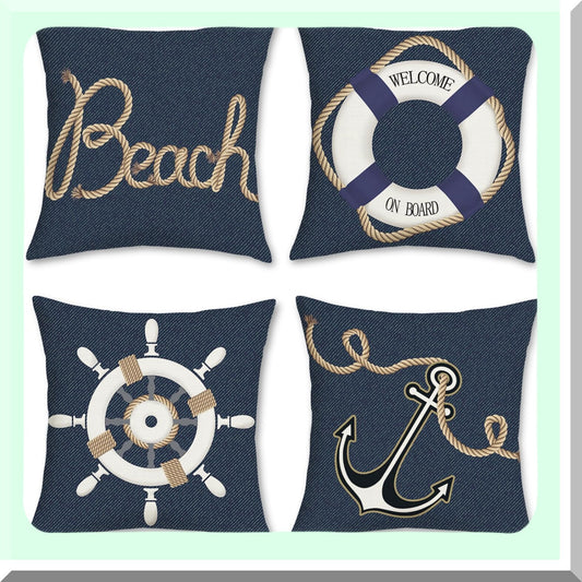 Navy Blue Nautical Anchor Throw Pillow Set - Denim Texture Decorative Cushion Covers for Couch Sofa Bed - Outdoor Home Decor - 18 x 18 Inch - Set of 4