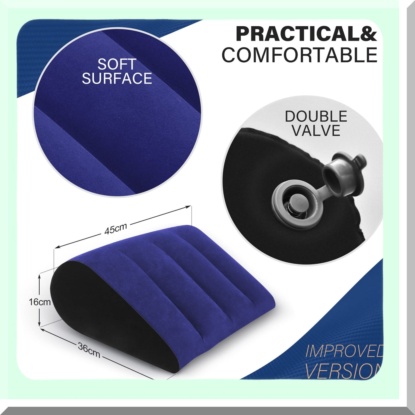 Inflatable SleepEase Wedge Pillow - Portable Body Positioner for Leg Elevation & Comfort. Lightweight Cushion for Bed, Travel, Camping. Fast Inflate/Deflate, Blue Color.