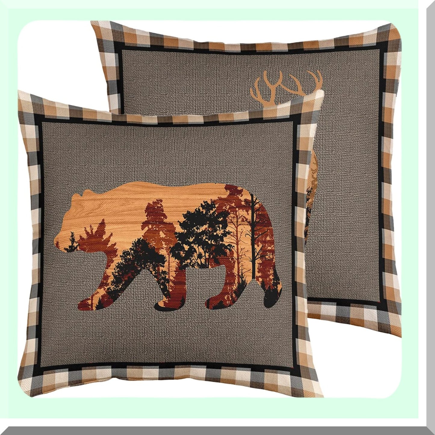 Rustic Bear Deer Hunting Pillow Covers - Farmhouse Animals Plaid Grid Cushion Case for Home Decor - Reversible Brown Throw Case 18x18"