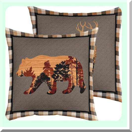 Rustic Bear Deer Hunting Pillow Covers - Farmhouse Animals Plaid Grid Cushion Case for Home Decor - Reversible Brown Throw Case 18x18"
