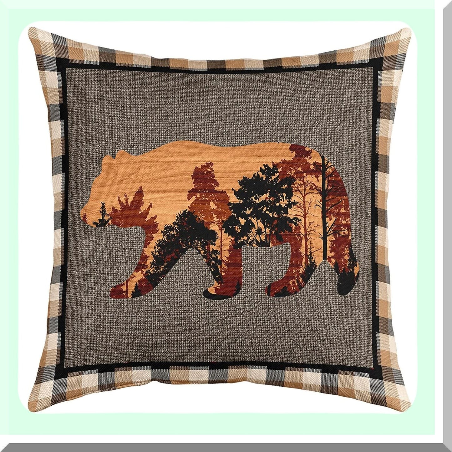 Rustic Bear Deer Hunting Pillow Covers - Farmhouse Animals Plaid Grid Cushion Case for Home Decor - Reversible Brown Throw Case 18x18"