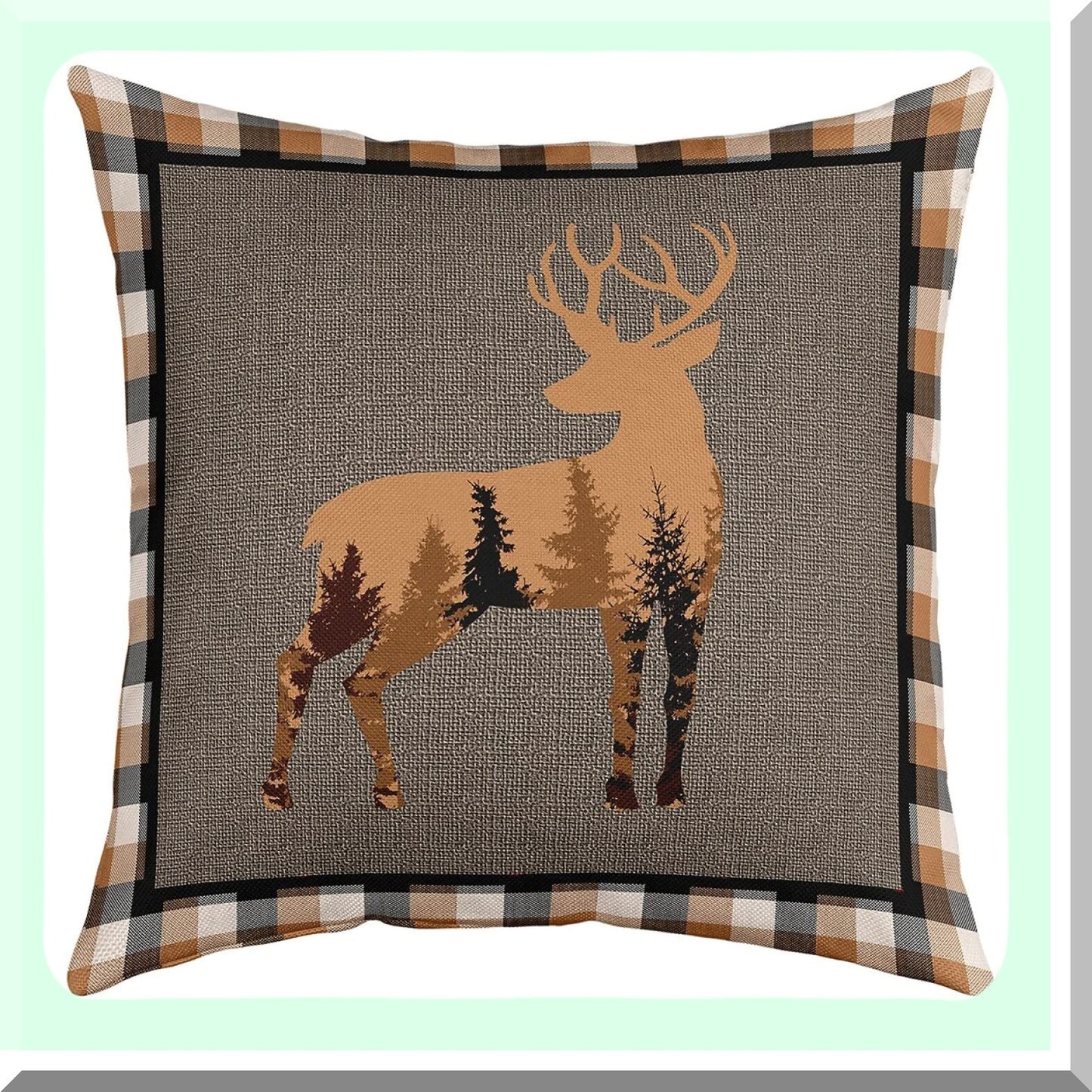 Rustic Bear Deer Hunting Pillow Covers - Farmhouse Animals Plaid Grid Cushion Case for Home Decor - Reversible Brown Throw Case 18x18"