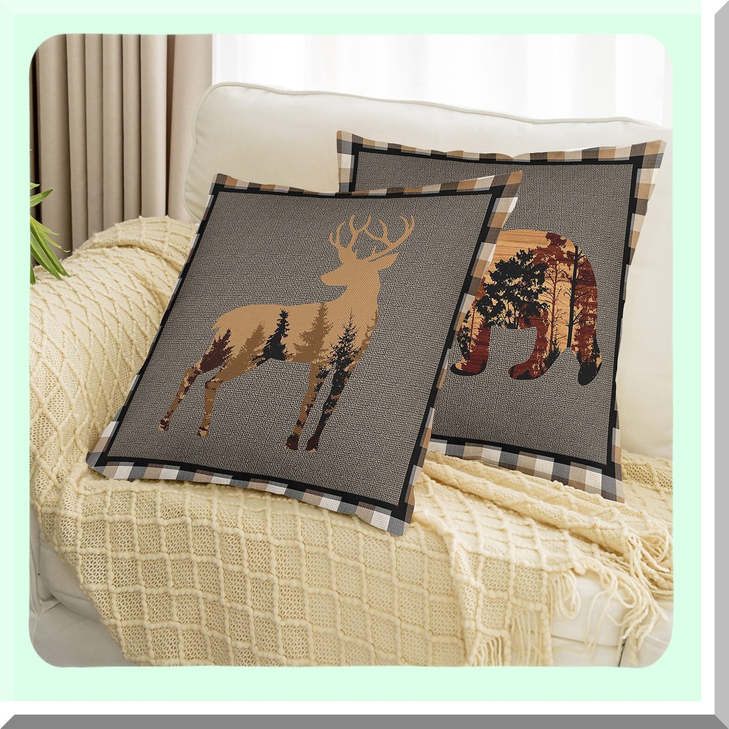 Rustic Bear Deer Hunting Pillow Covers - Farmhouse Animals Plaid Grid Cushion Case for Home Decor - Reversible Brown Throw Case 18x18"