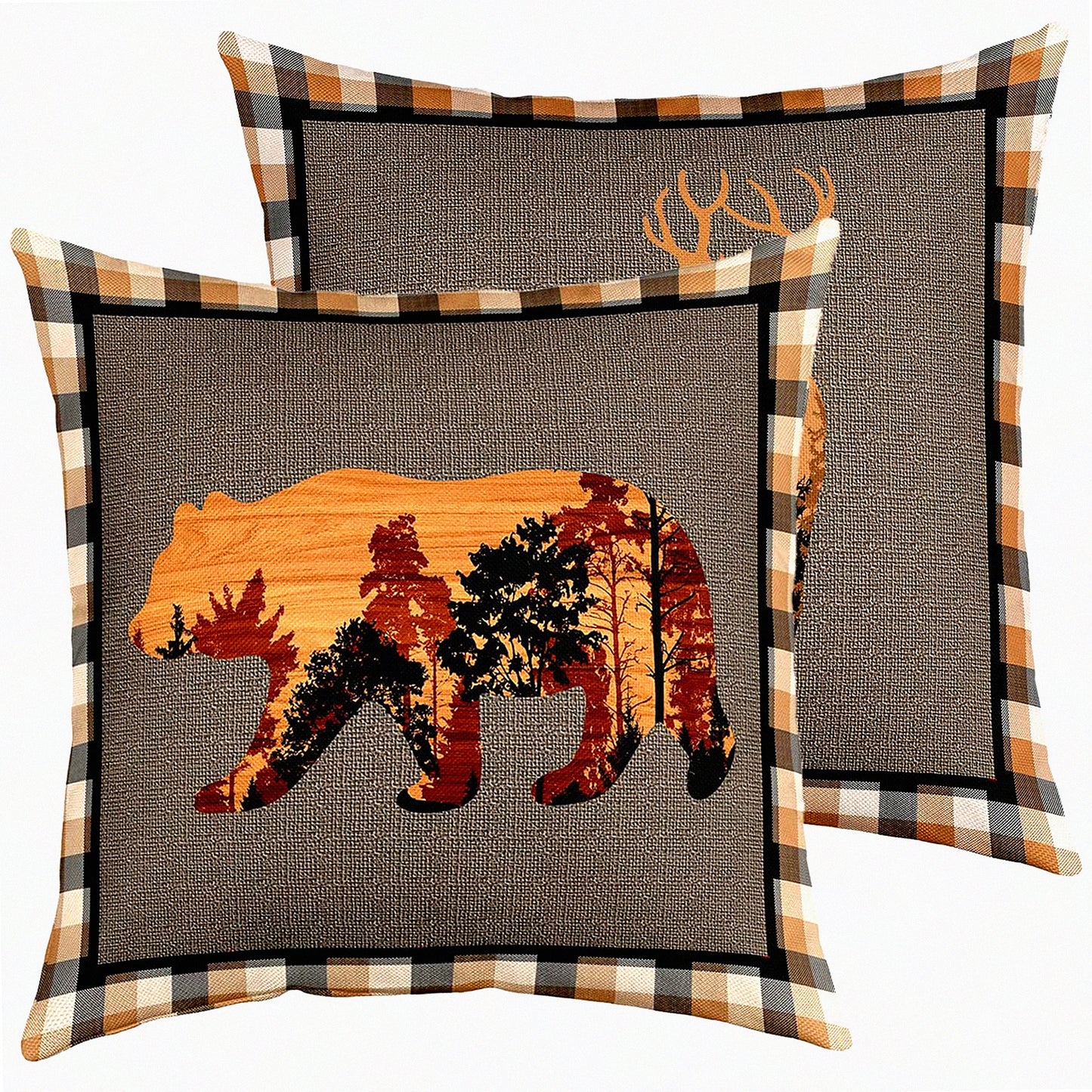 Rustic Bear Deer Hunting Pillow Covers - Farmhouse Animals Plaid Grid Cushion Case for Home Decor - Reversible Brown Throw Case 18x18"