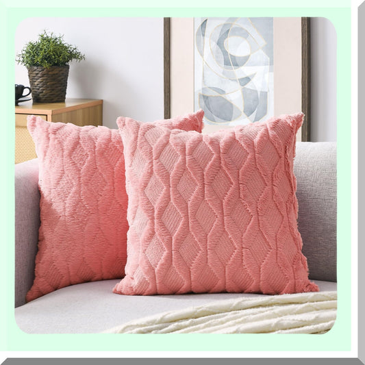 Velvet Farmhouse Cushion Covers - Set of 2 Decorative Boho Pillow Cases for Couch - Soft Plush Square Throw Pillowcases 18x18 Inches in Coral Red