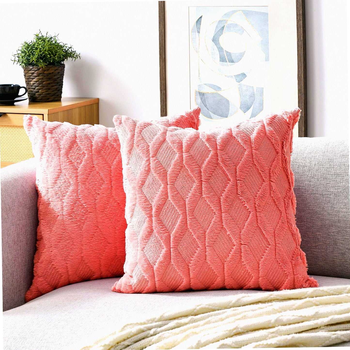 Velvet Farmhouse Cushion Covers - Set of 2 Decorative Boho Pillow Cases for Couch - Soft Plush Square Throw Pillowcases 18x18 Inches in Coral Red