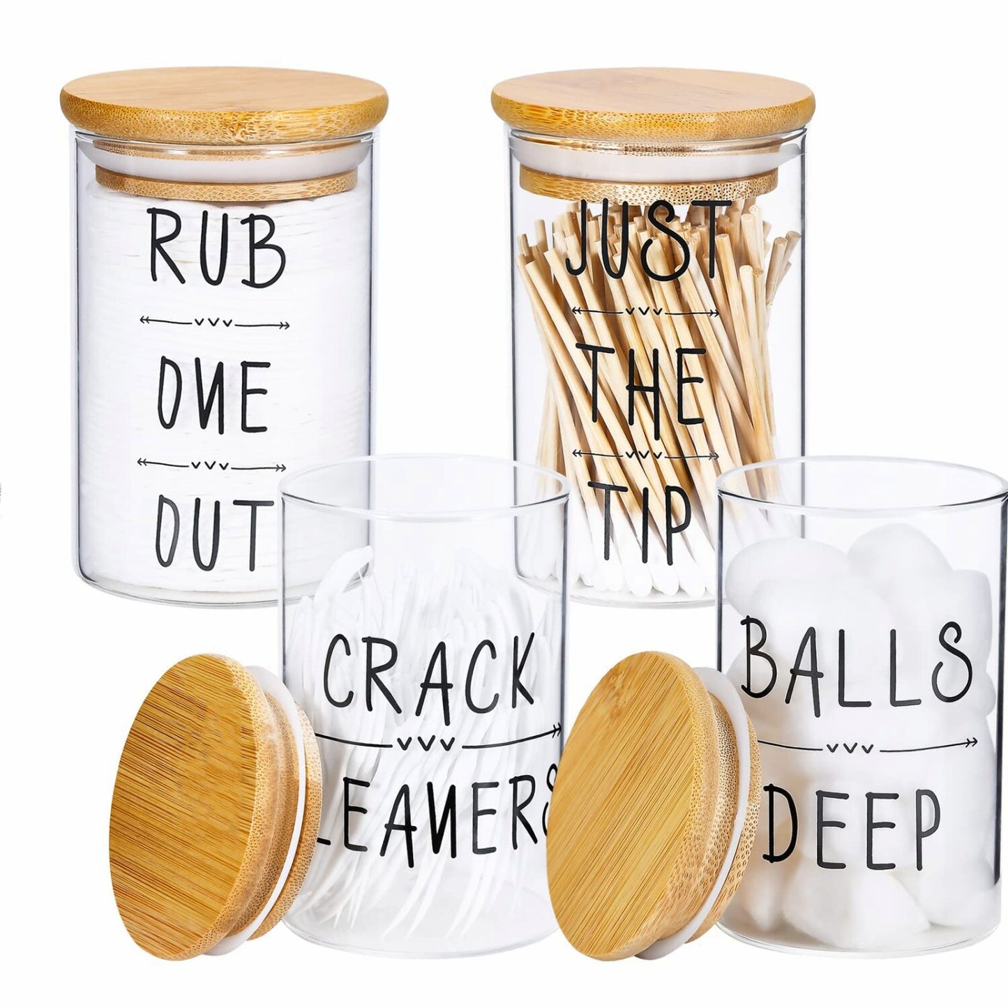 4 Pack 10oz Qtip and Cotton Holder with Bamboo Lids