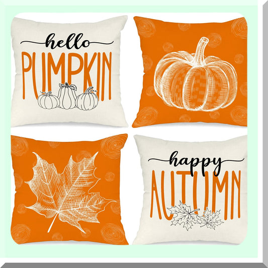 Autumn Harvest Decor Set - 16x16 Fall Pillow Covers (Set of 4) - Maple Leaf Pumpkin Holiday Cushion Covers - Thanksgiving Sofa Decor - Home Bedroom Accent
