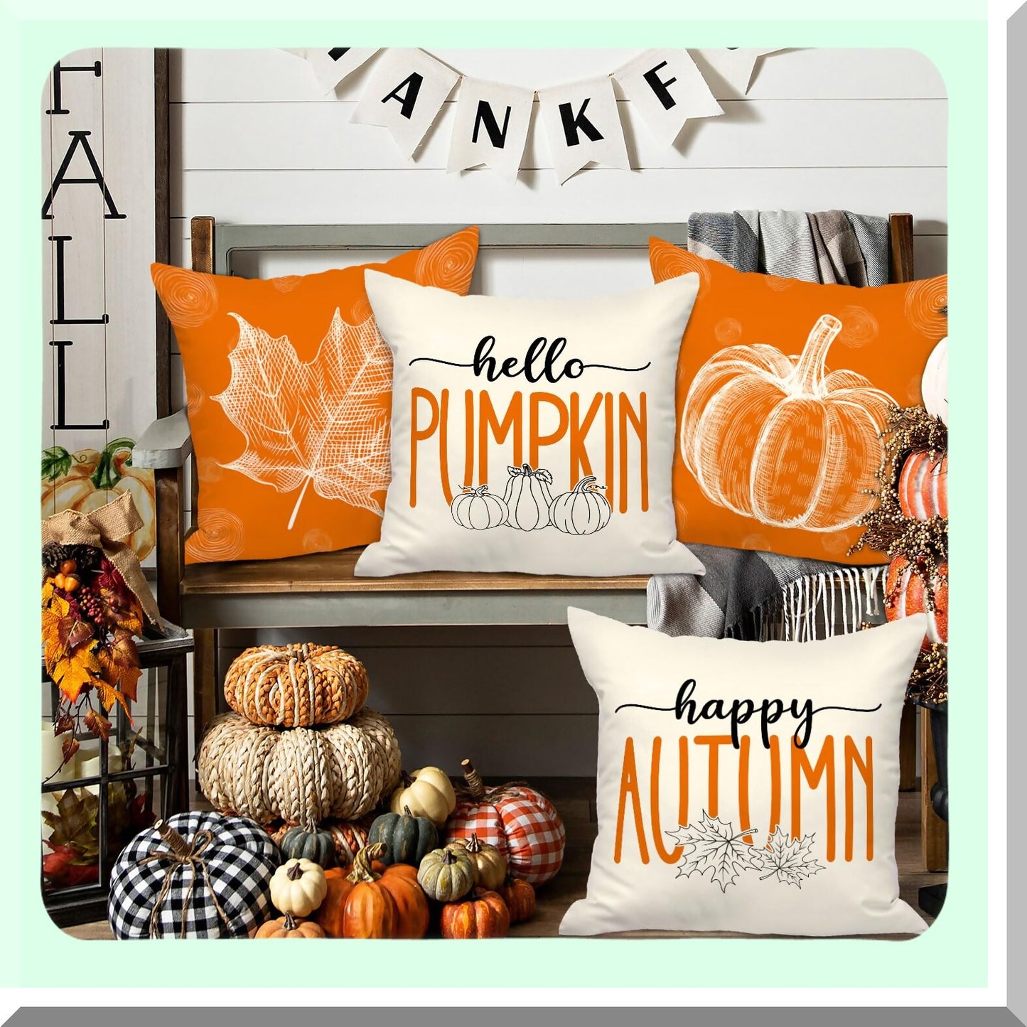 Autumn Harvest Decor Set - 16x16 Fall Pillow Covers (Set of 4) - Maple Leaf Pumpkin Holiday Cushion Covers - Thanksgiving Sofa Decor - Home Bedroom Accent