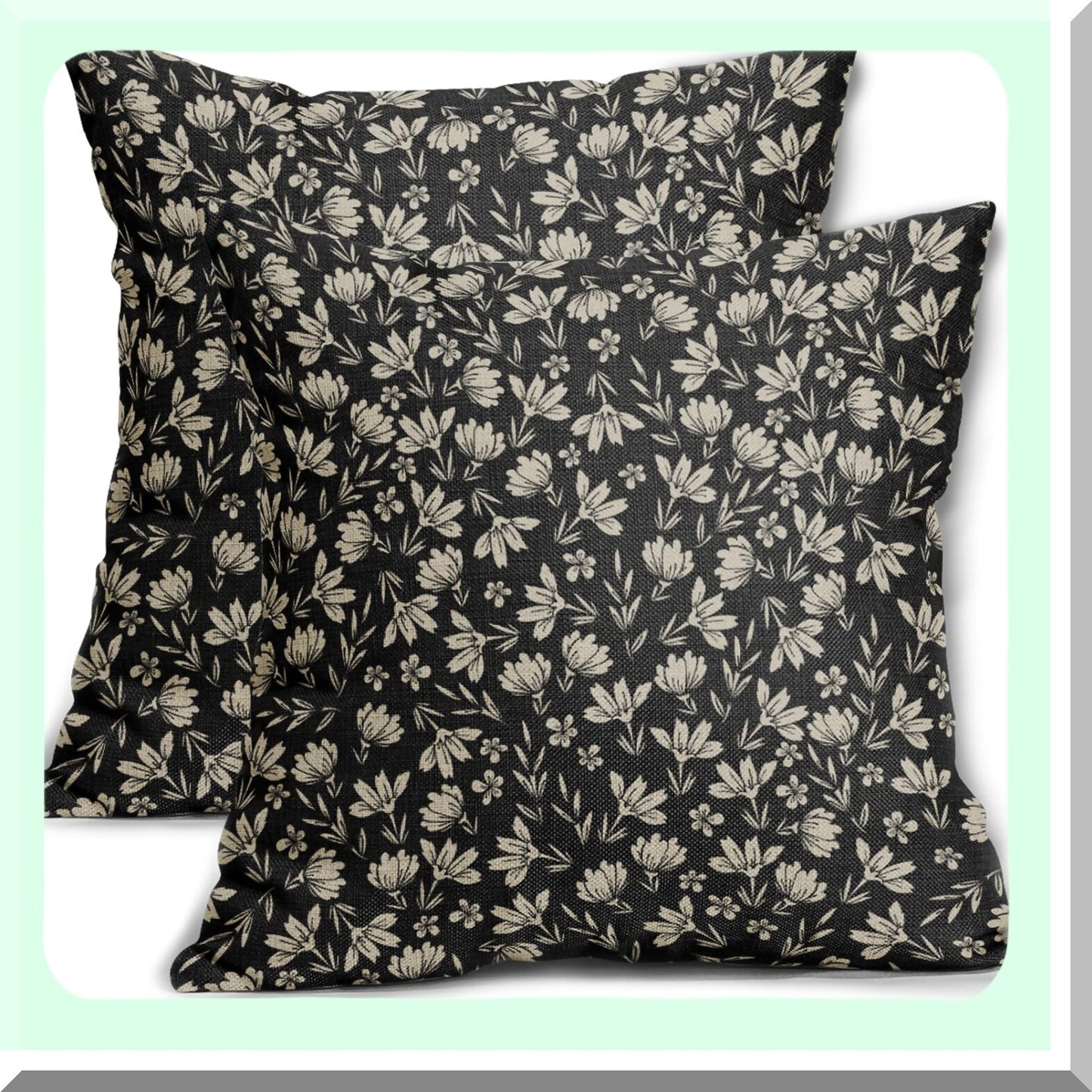 Rustic Floral Linen Pillow Covers - Set of 2 Farmhouse Decorative Throw Pillows - Vintage Flower Cushion Cases for Home Sofa Bed - Black Cream Outdoor PillowCase - Old Style Small Cute Design