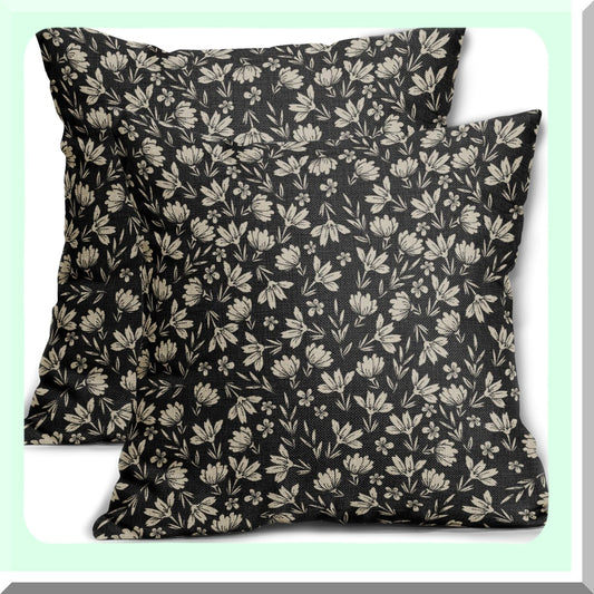 Rustic Floral Linen Pillow Covers - Set of 2 Farmhouse Decorative Throw Pillows - Vintage Flower Cushion Cases for Home Sofa Bed - Black Cream Outdoor PillowCase - Old Style Small Cute Design