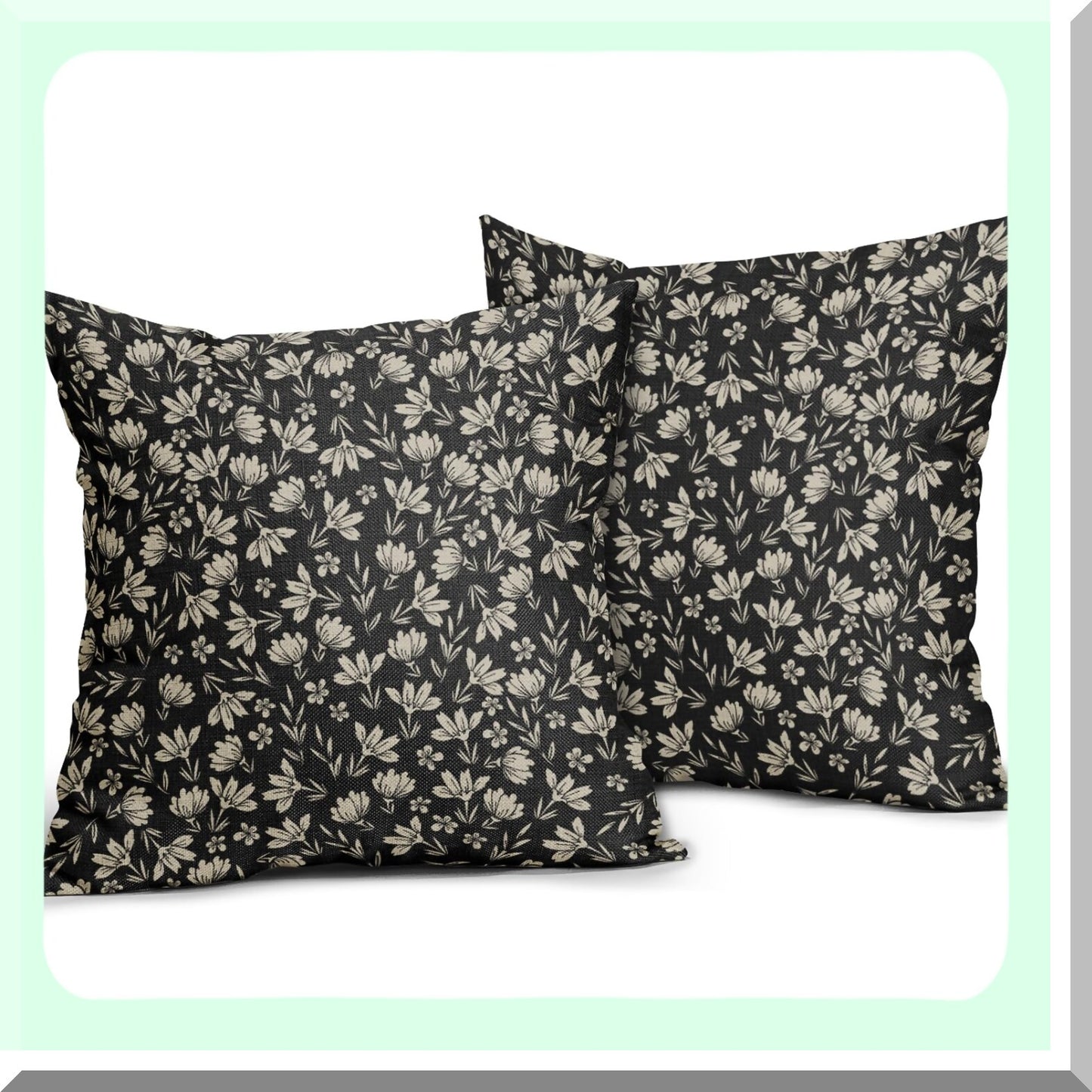Rustic Floral Linen Pillow Covers - Set of 2 Farmhouse Decorative Throw Pillows - Vintage Flower Cushion Cases for Home Sofa Bed - Black Cream Outdoor PillowCase - Old Style Small Cute Design