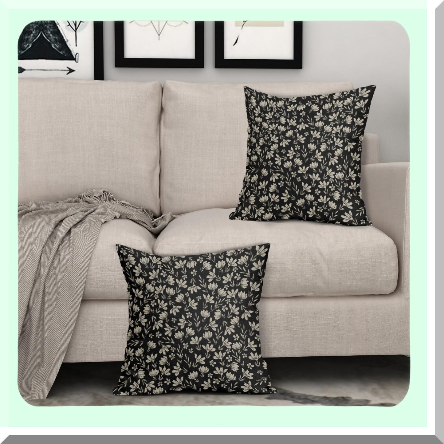 Rustic Floral Linen Pillow Covers - Set of 2 Farmhouse Decorative Throw Pillows - Vintage Flower Cushion Cases for Home Sofa Bed - Black Cream Outdoor PillowCase - Old Style Small Cute Design