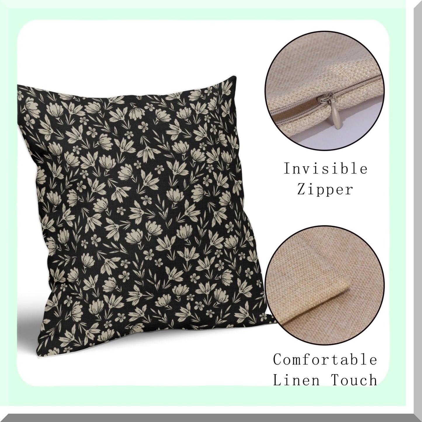 Rustic Floral Linen Pillow Covers - Set of 2 Farmhouse Decorative Throw Pillows - Vintage Flower Cushion Cases for Home Sofa Bed - Black Cream Outdoor PillowCase - Old Style Small Cute Design