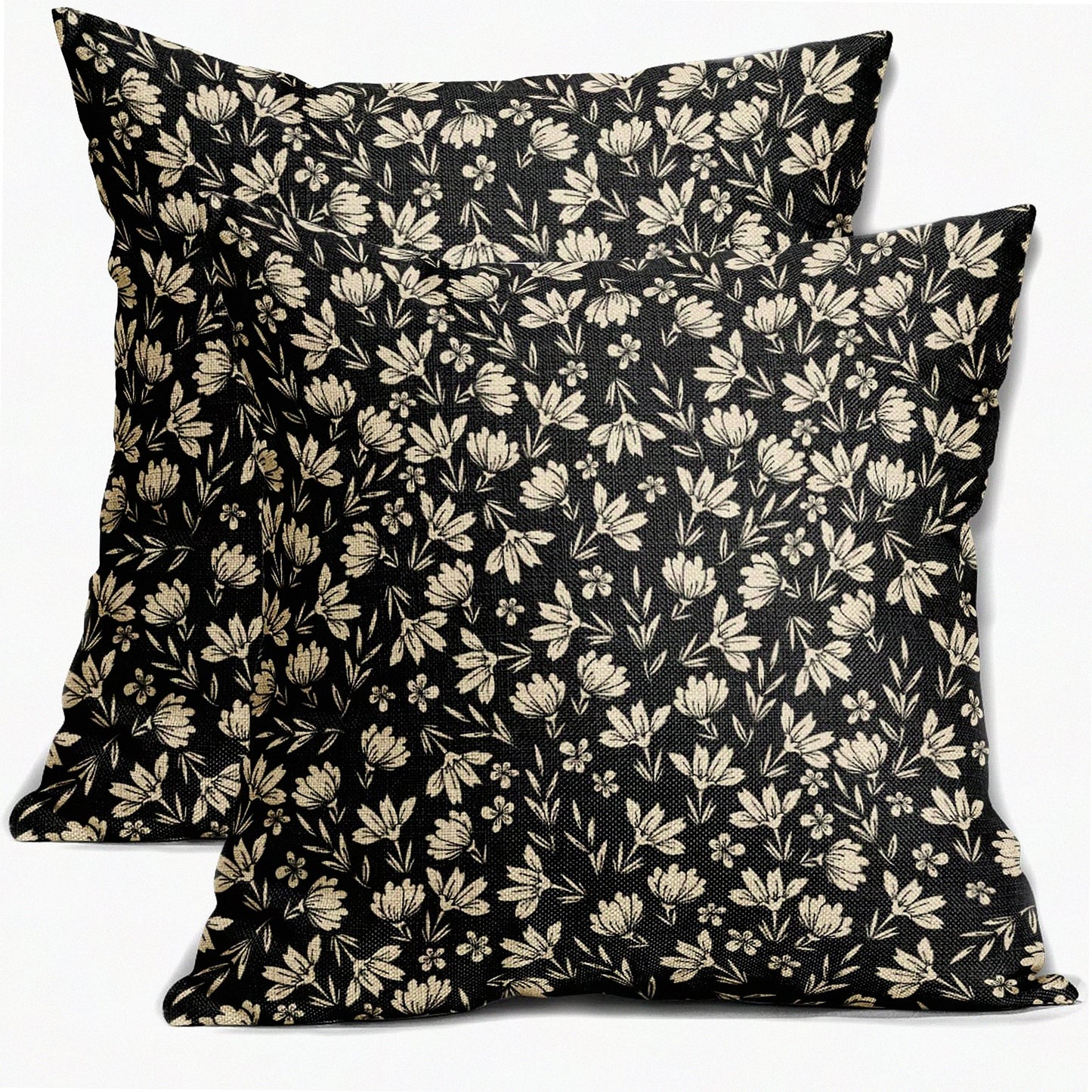 Rustic Floral Linen Pillow Covers - Set of 2 Farmhouse Decorative Throw Pillows - Vintage Flower Cushion Cases for Home Sofa Bed - Black Cream Outdoor PillowCase - Old Style Small Cute Design