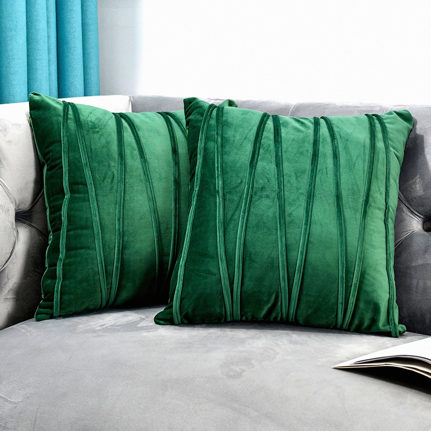 Luxury Velvet Decorative Throw Pillow Covers - Set of 2 Deep Green Square Pillow Cases for Sofa, Bed, Living Room - 24X24 Accent Couch Pillows