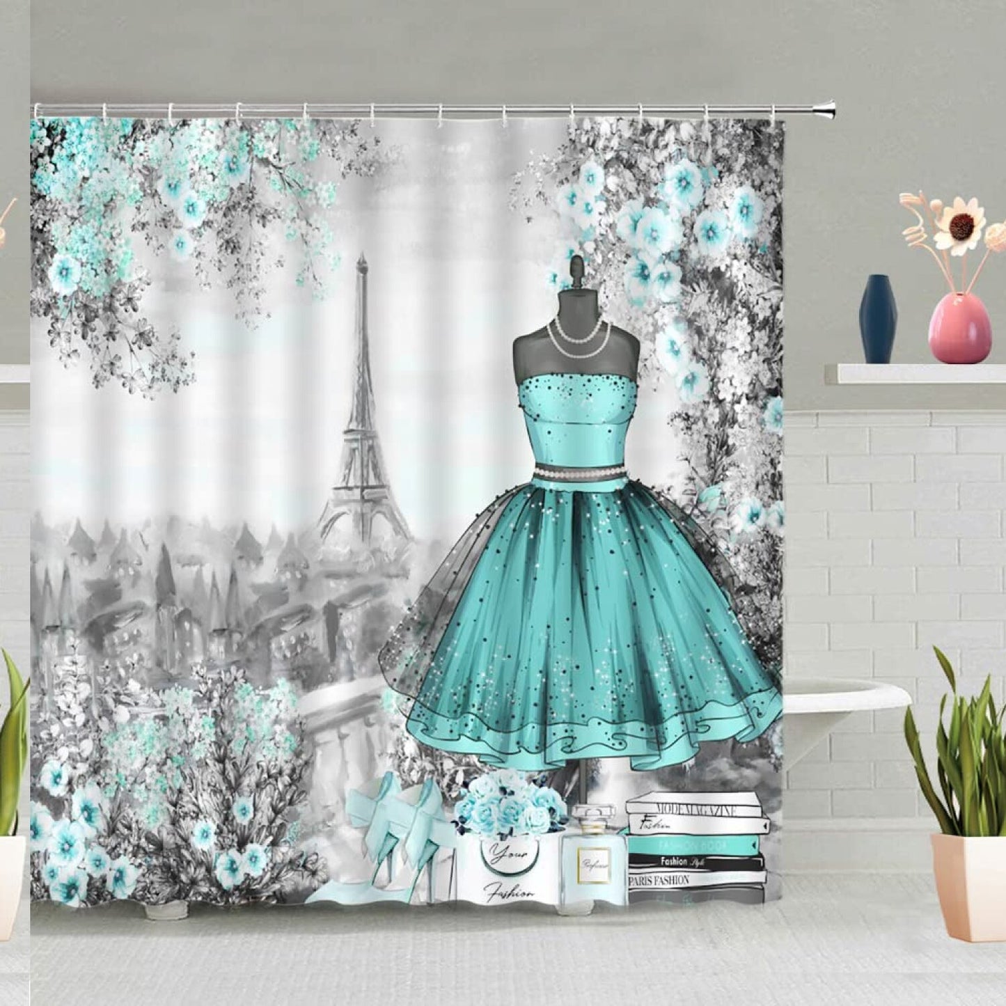 Teal Girly Dresses Shower Curtain 70x70 Inch