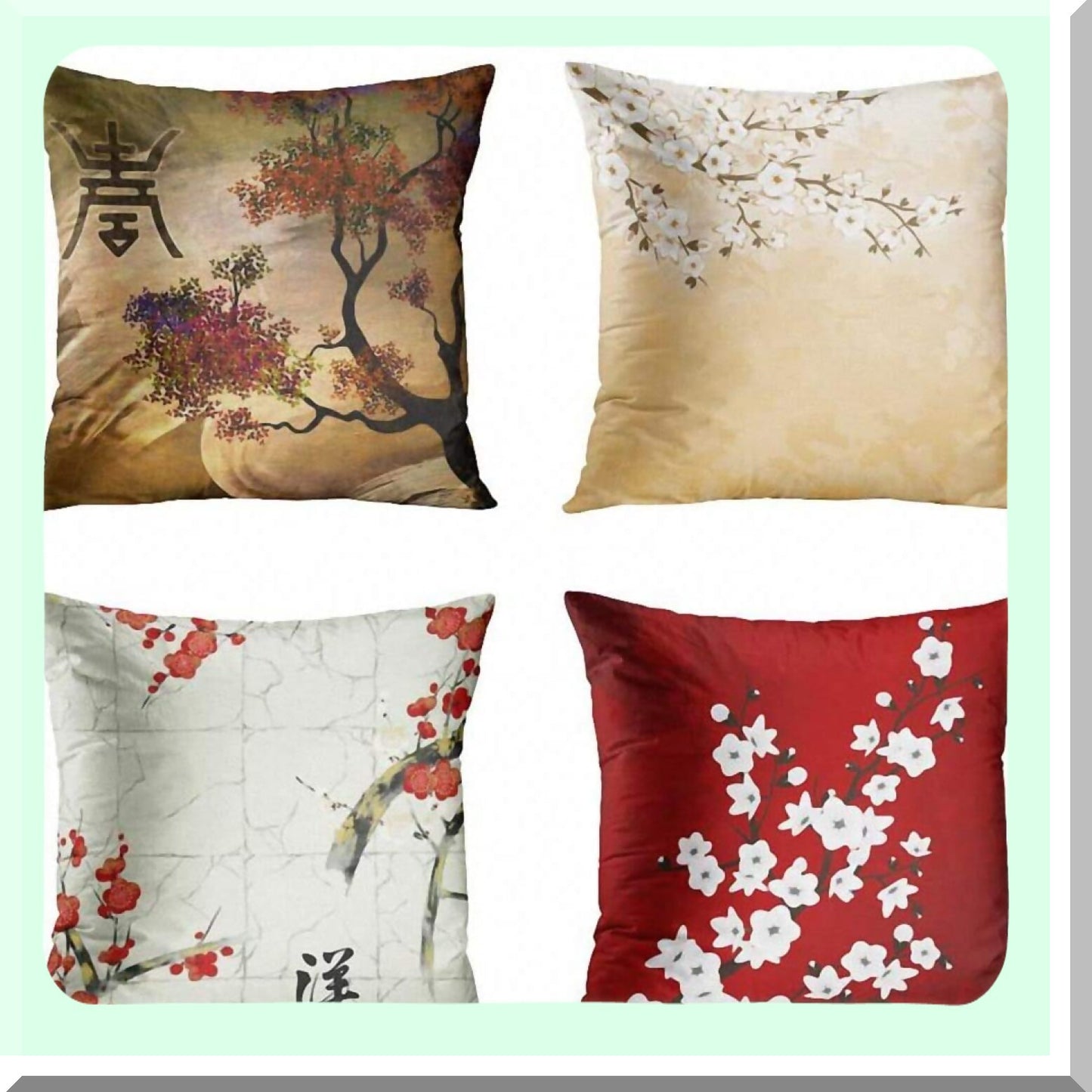 Nature's Blossom Decor Set - Cherry Blossom Tree Flowers Beige Cream Square Pillow Covers 22x22 Inches - Home Decorative Pillowcases