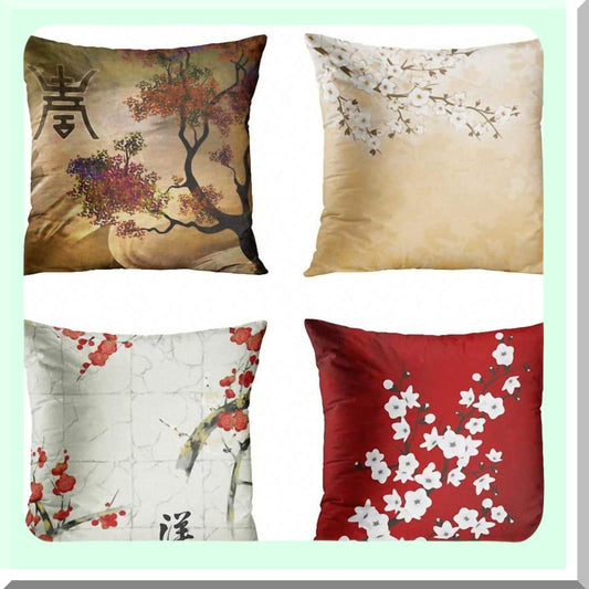 Nature's Blossom Decor Set - Cherry Blossom Tree Flowers Beige Cream Square Pillow Covers 22x22 Inches - Home Decorative Pillowcases