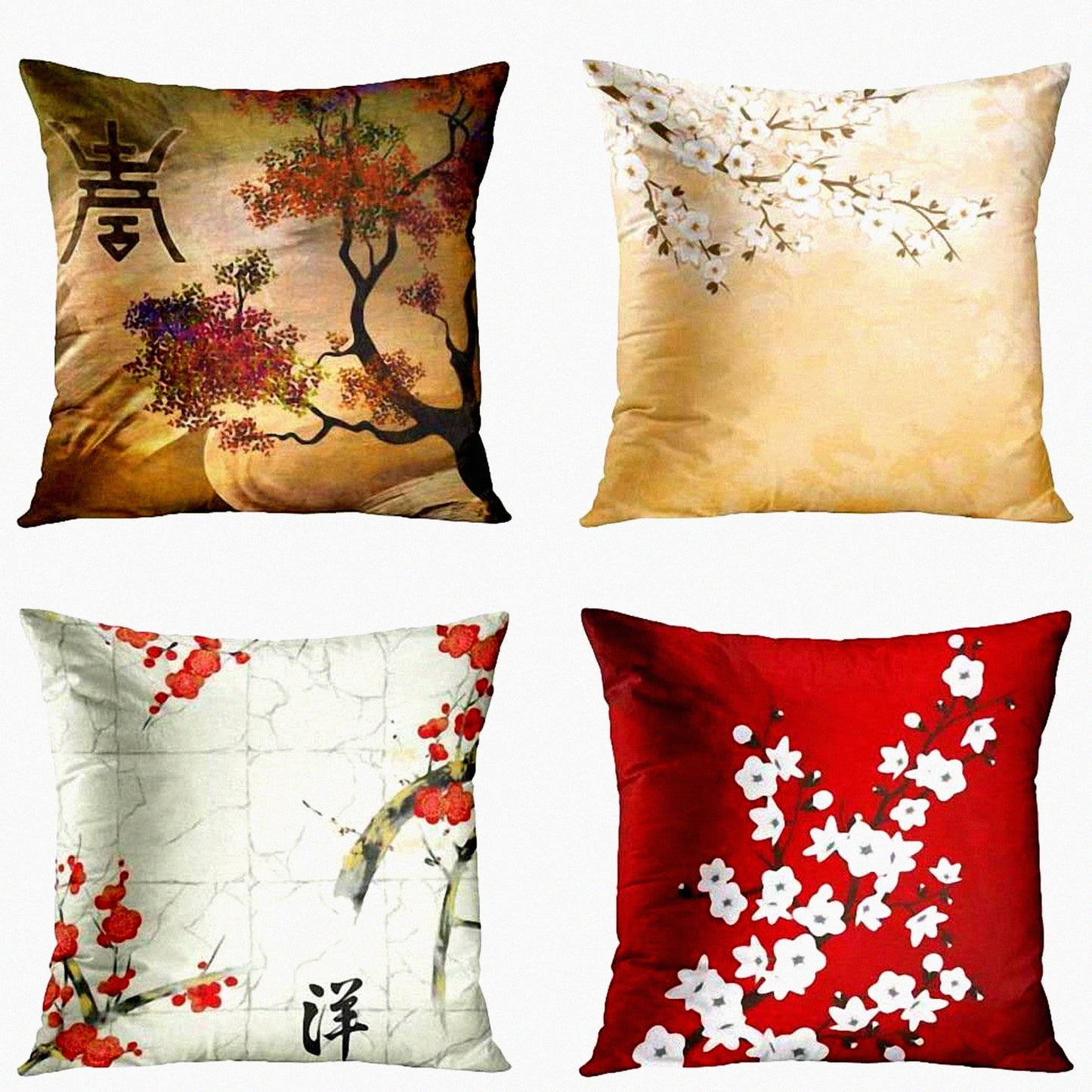 Nature's Blossom Decor Set - Cherry Blossom Tree Flowers Beige Cream Square Pillow Covers 22x22 Inches - Home Decorative Pillowcases