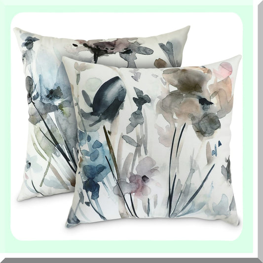 Watercolor Bloom Pillowcase Set - Vintage Floral Decorative Covers for Home Sofa & Outdoor Living Room - Soft Square Cushion Covers 18x18 - Ink Art Style