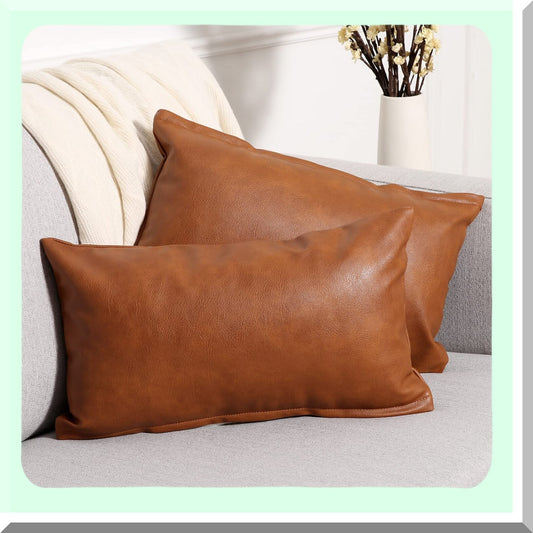 Luxury Leather Lumbar Pillow Covers - Modern Solid Outdoor Cushion Cases for Couch Sofa Bed - Decorative Throw Pillowcases - Brown - Set of 2 - 12x20 Inches