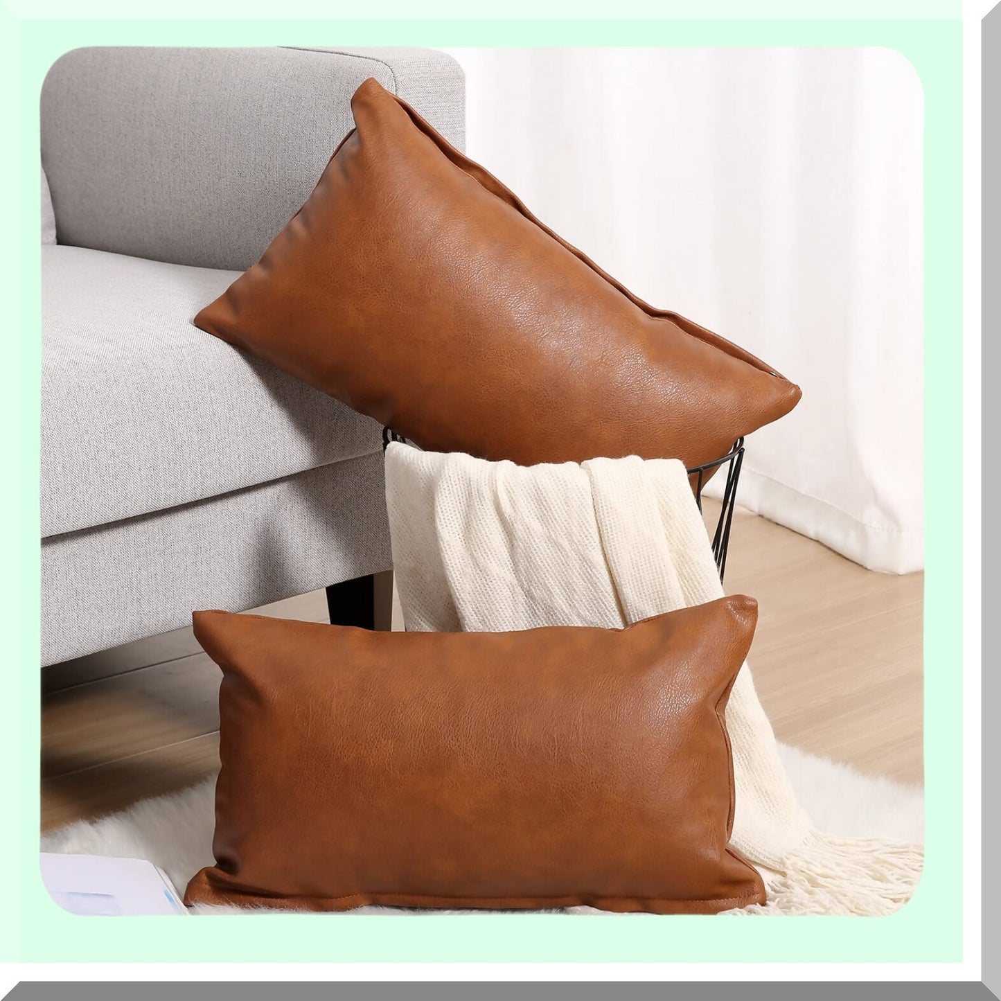 Luxury Leather Lumbar Pillow Covers - Modern Solid Outdoor Cushion Cases for Couch Sofa Bed - Decorative Throw Pillowcases - Brown - Set of 2 - 12x20 Inches