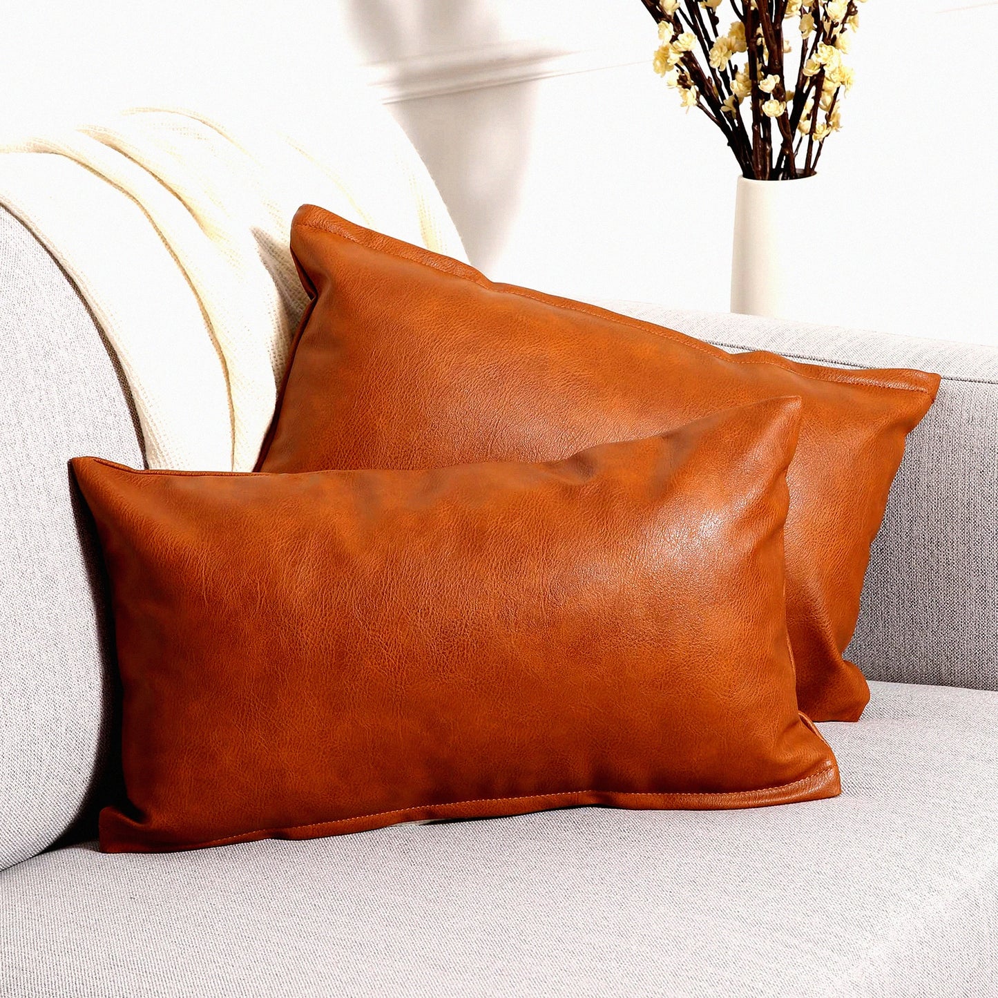 Luxury Leather Lumbar Pillow Covers - Modern Solid Outdoor Cushion Cases for Couch Sofa Bed - Decorative Throw Pillowcases - Brown - Set of 2 - 12x20 Inches