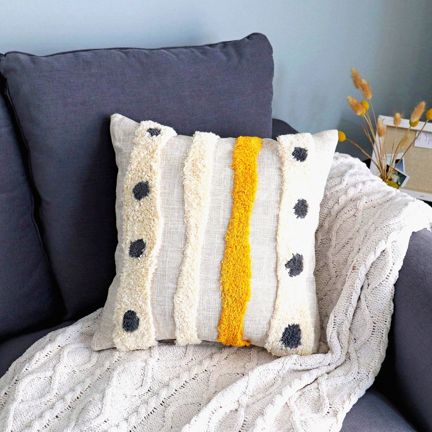 Handwoven Boho Striped Linen Cotton Throw Pillow - Decorative Cushion Cover for Couch Sofa - 18x18 inches - Mustard Yellow - 1 PC