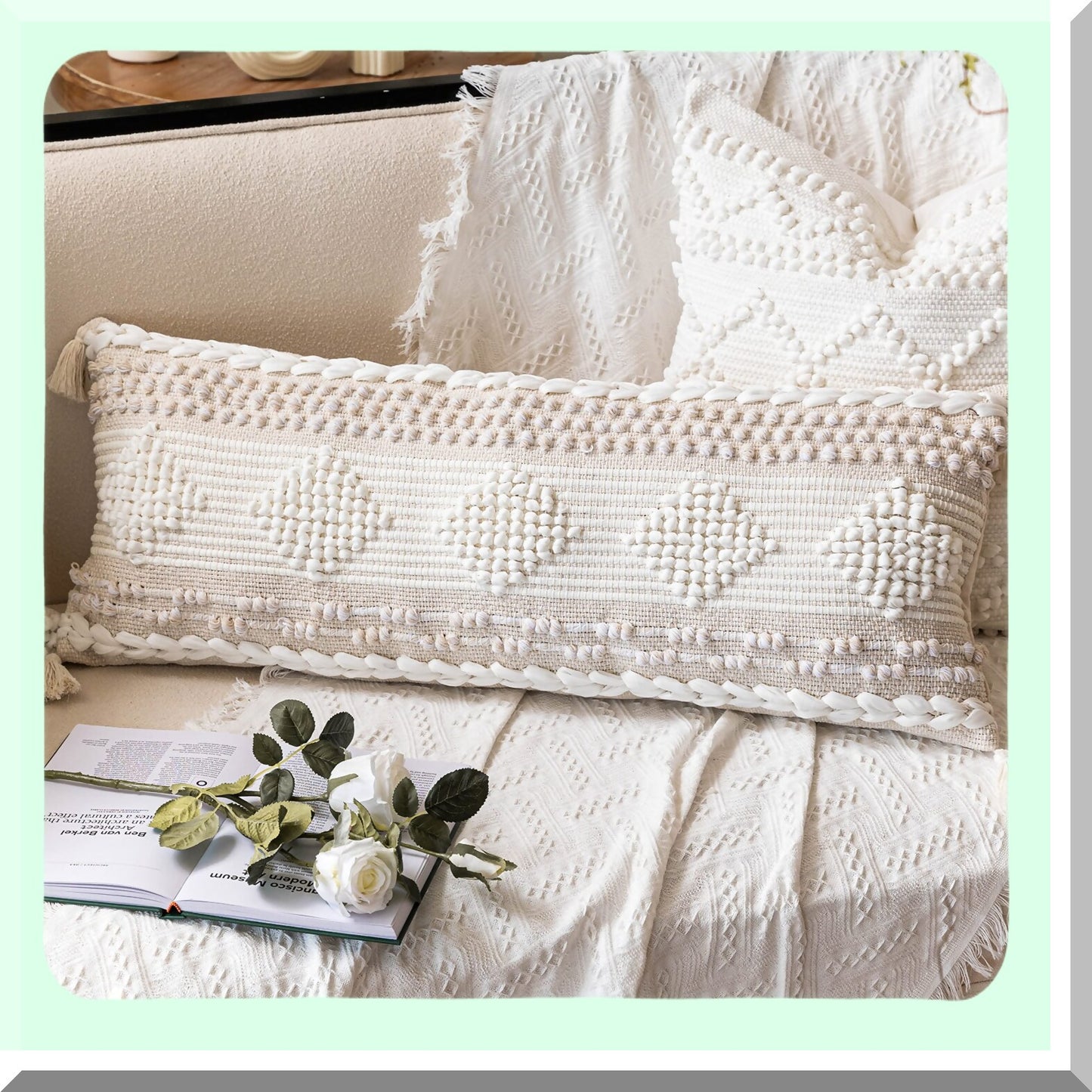 Boho Farmhouse Lumbar Pillow Cover - Beige White Neutral Decorative Cushion for Bed, Sofa, Living Room - Modern Accent Home Decor 14x36"