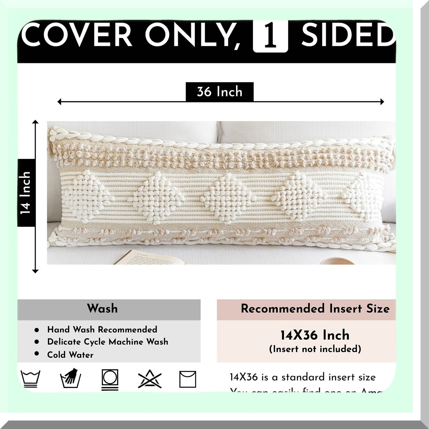 Boho Farmhouse Lumbar Pillow Cover - Beige White Neutral Decorative Cushion for Bed, Sofa, Living Room - Modern Accent Home Decor 14x36"