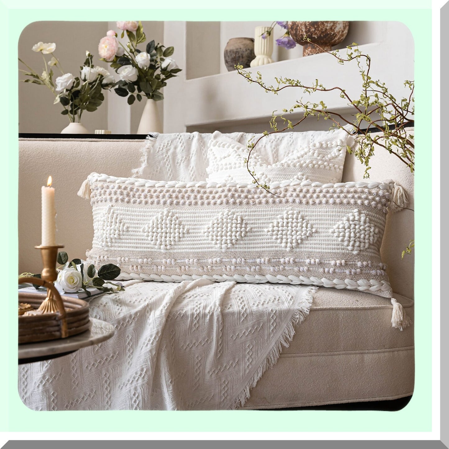 Boho Farmhouse Lumbar Pillow Cover - Beige White Neutral Decorative Cushion for Bed, Sofa, Living Room - Modern Accent Home Decor 14x36"