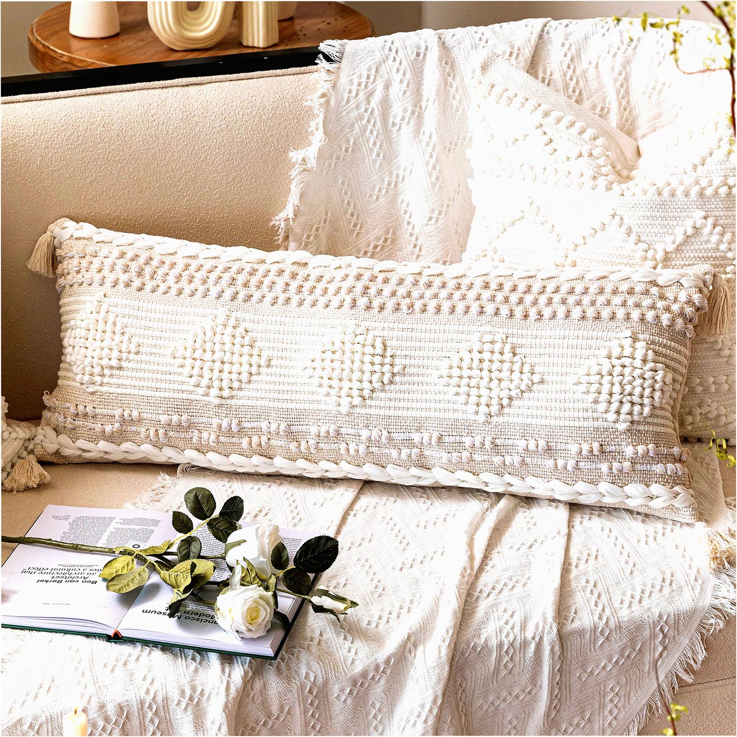 Boho Farmhouse Lumbar Pillow Cover - Beige White Neutral Decorative Cushion for Bed, Sofa, Living Room - Modern Accent Home Decor 14x36"