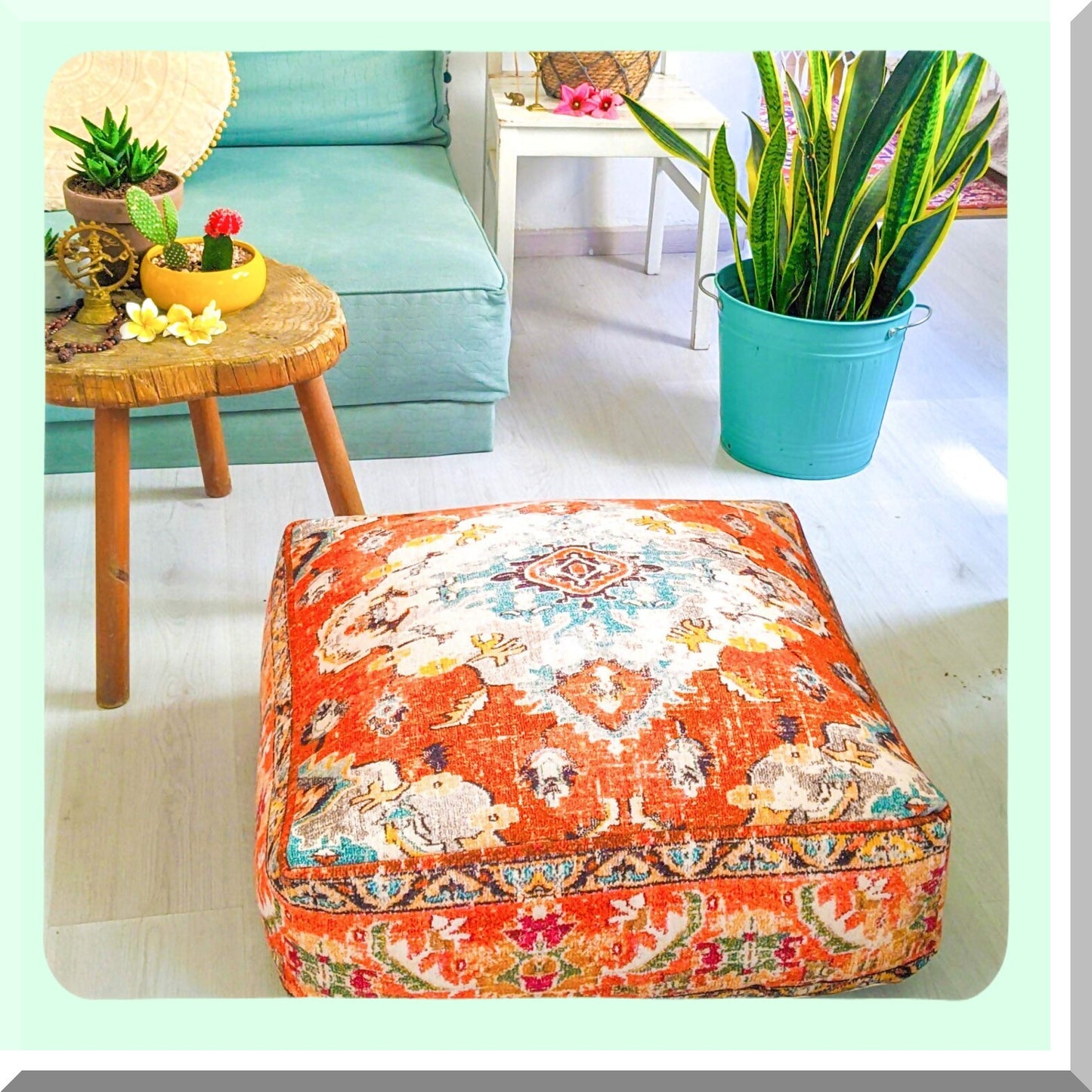 Boho Zen Floor Cushion Cover - 24x8 inches - Meditation Pillow Case - Printed Cotton Rug Pouf - Square Yoga Decor - Insert Not Included