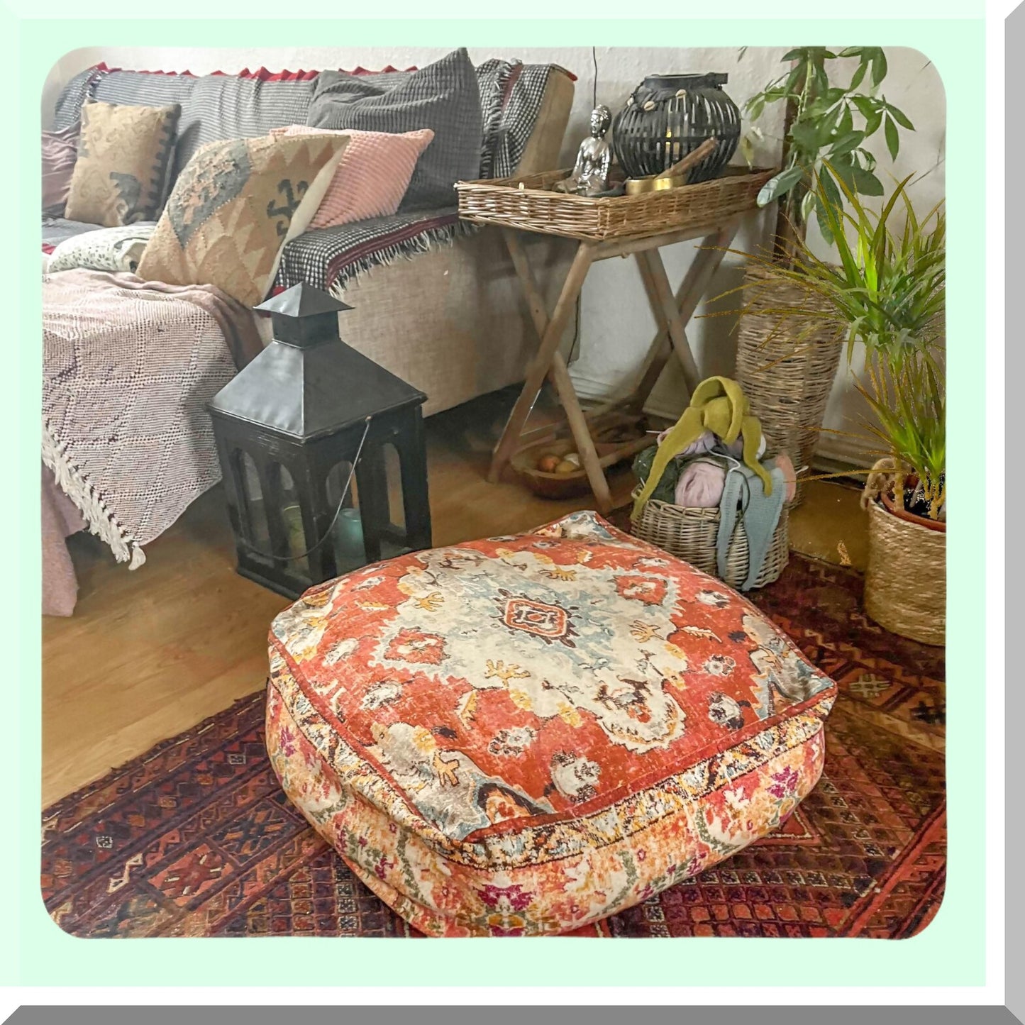 Boho Zen Floor Cushion Cover - 24x8 inches - Meditation Pillow Case - Printed Cotton Rug Pouf - Square Yoga Decor - Insert Not Included