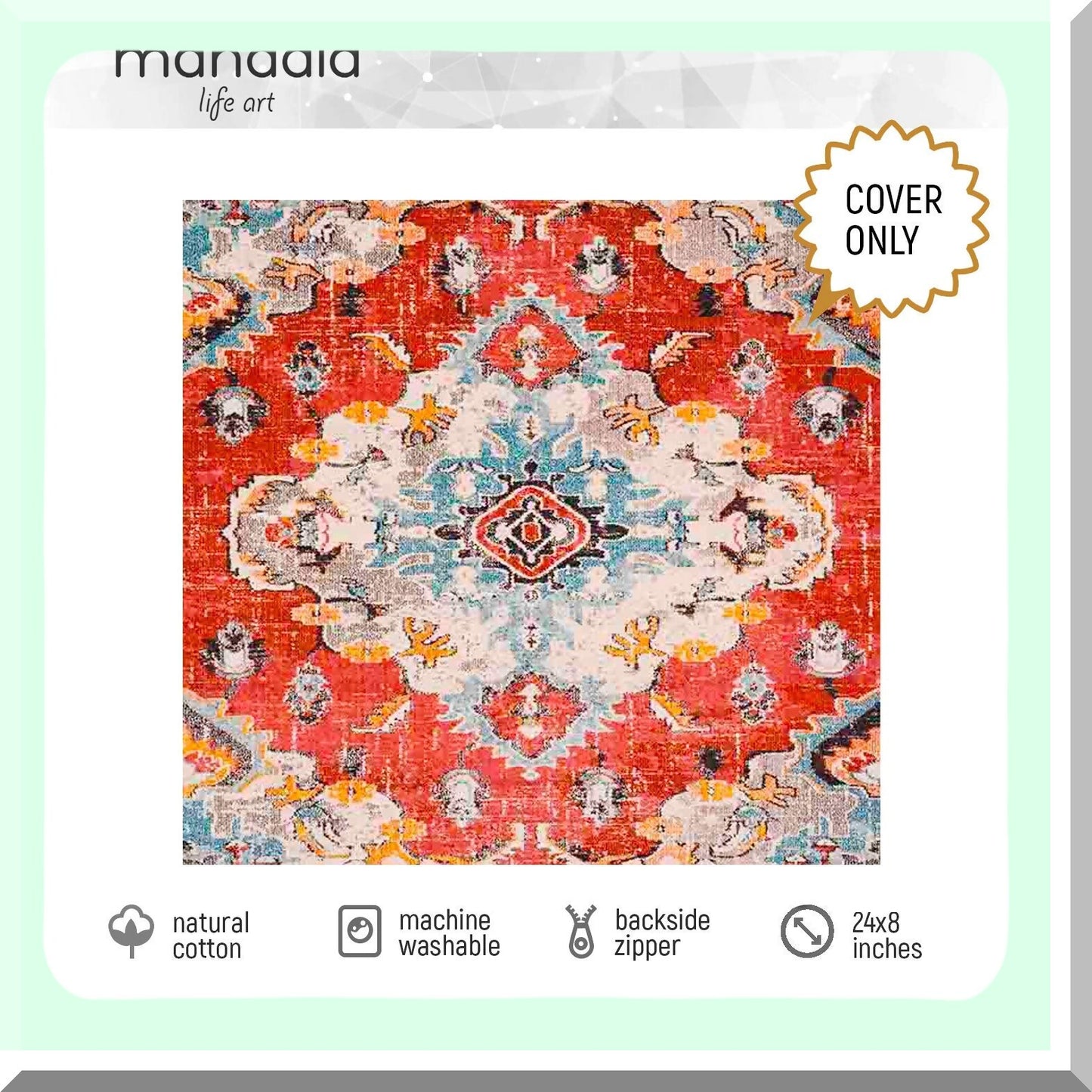 Boho Zen Floor Cushion Cover - 24x8 inches - Meditation Pillow Case - Printed Cotton Rug Pouf - Square Yoga Decor - Insert Not Included