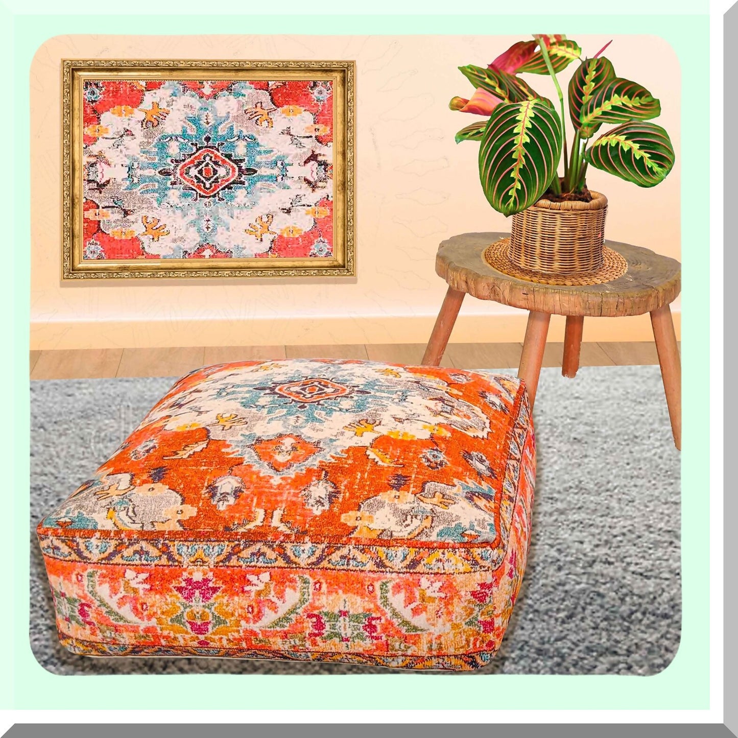 Boho Zen Floor Cushion Cover - 24x8 inches - Meditation Pillow Case - Printed Cotton Rug Pouf - Square Yoga Decor - Insert Not Included